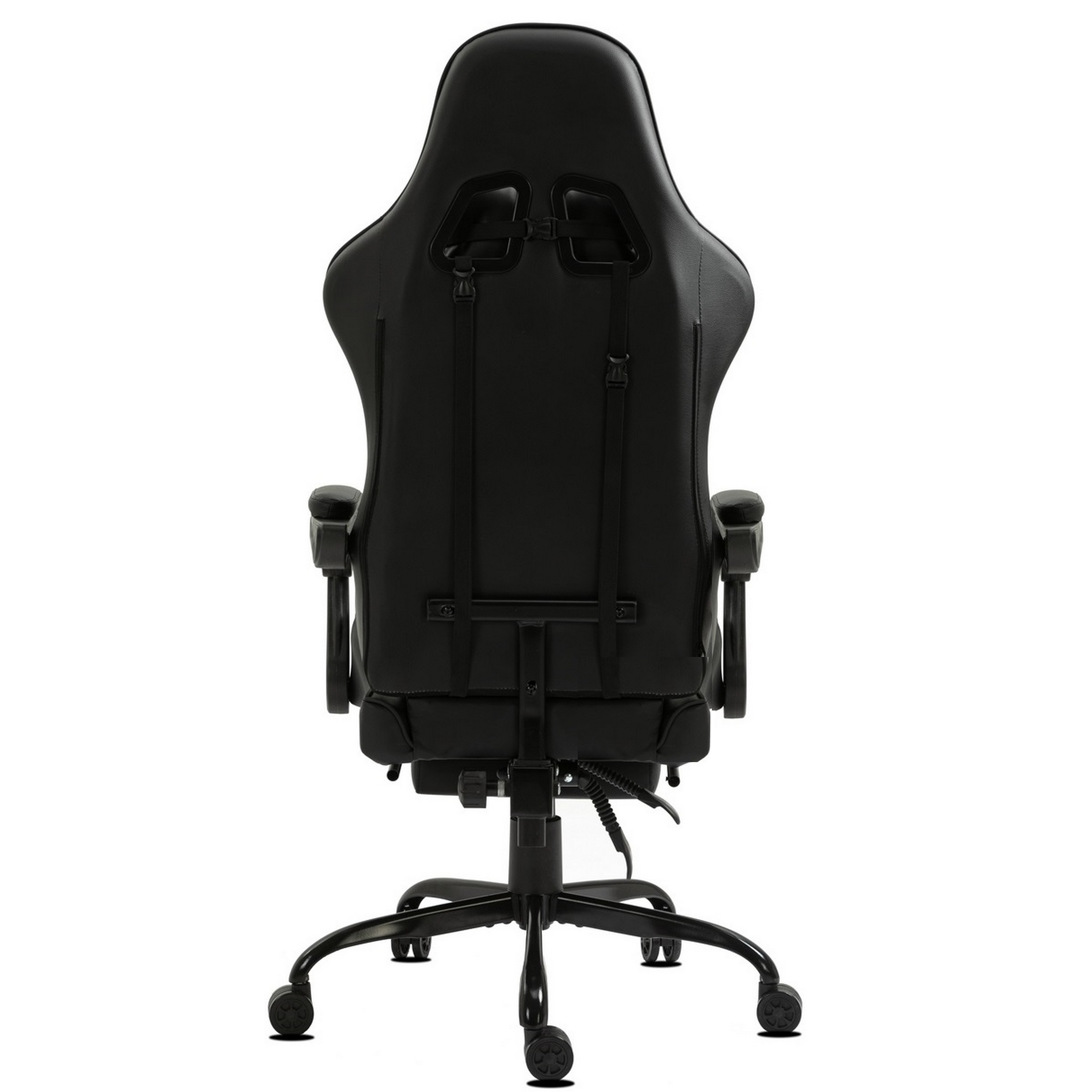 Schwarzer Gaming-Stuhl vor weißem Hintergrund. Von hinten sichtbar. Mit Kopfstütze, Armlehnen und Fünf-Sterne-Fuß mit Rollen.