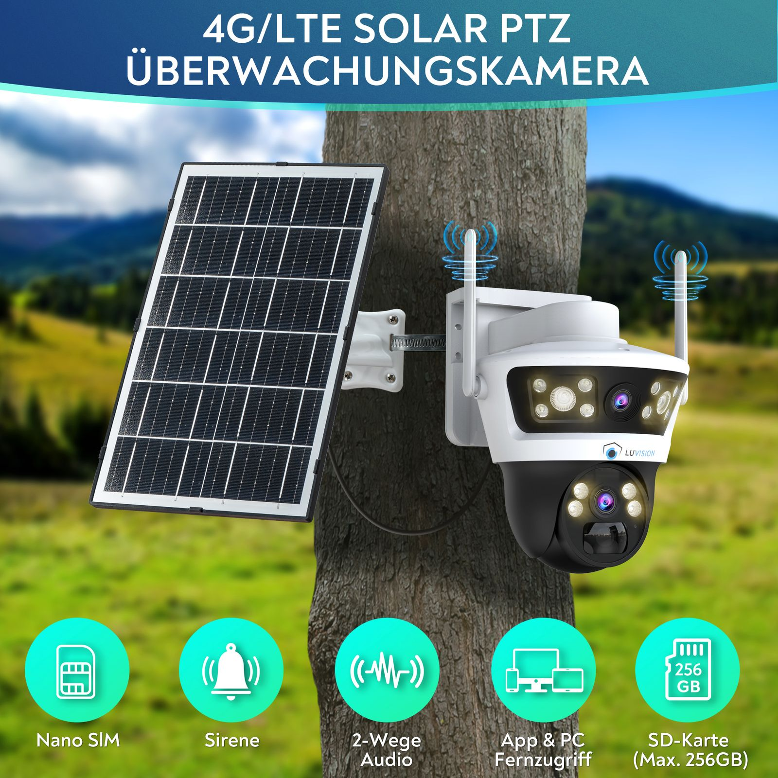 Überwachungskamera mit Solarpanel, an einem Baum befestigt. Merkmale: SIM, Sirene, Audio, SD-Karte.
