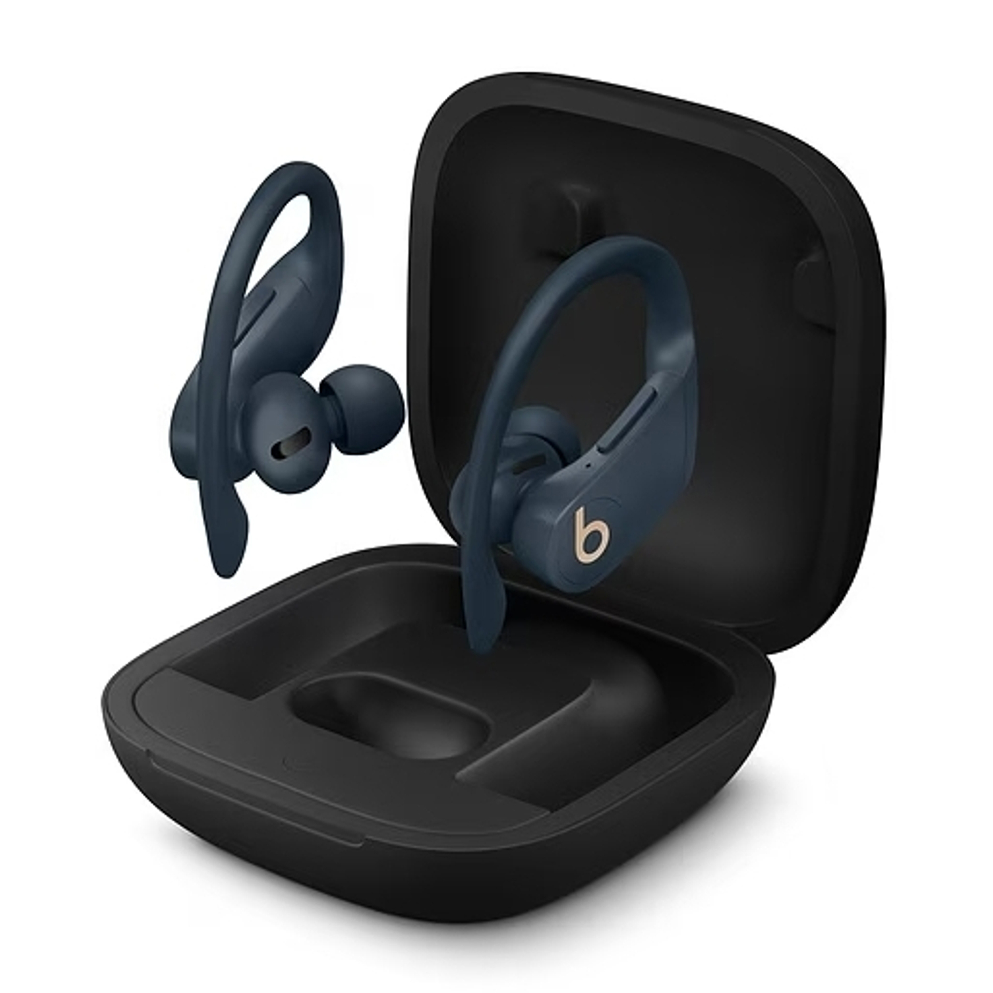 Dark blue earbuds and a charging case. One earbud is outside the case. Both have the Beats logo.