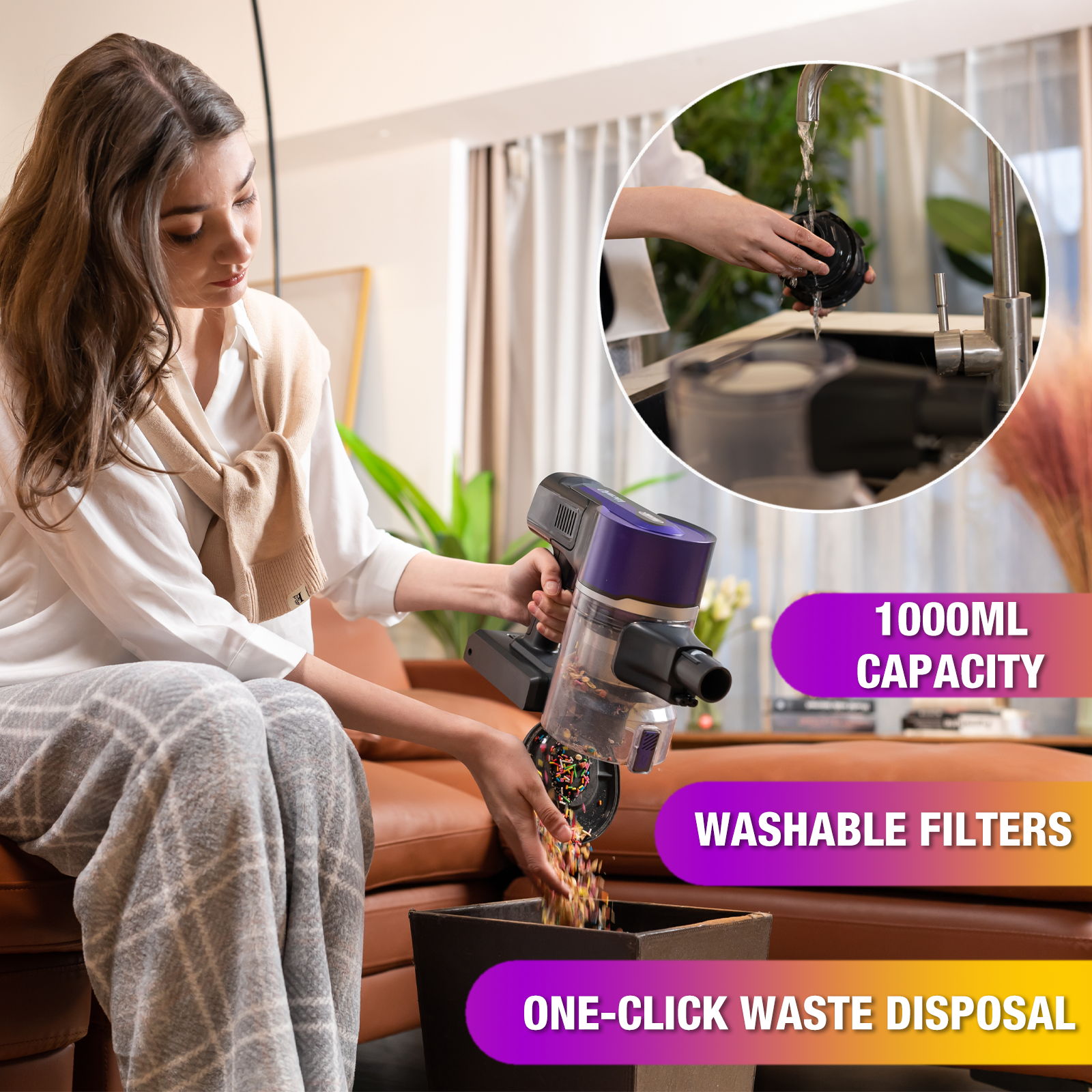 A woman using a vacuum cleaner, a circular image shows washing the filter. Text says 1000ml capacity, washable filters, one-click disposal.