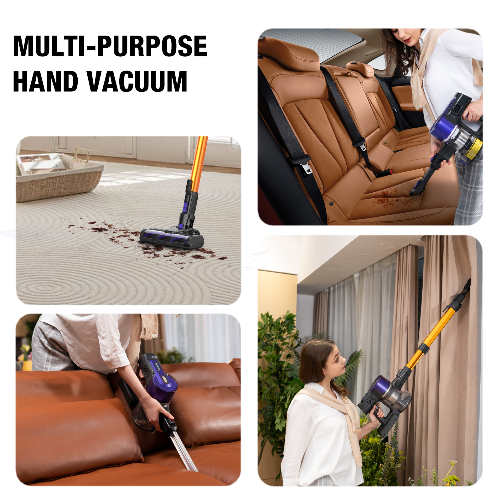A multi-purpose hand vacuum being used on a rug, car seat, sofa, and curtains, demonstrating its versatility.