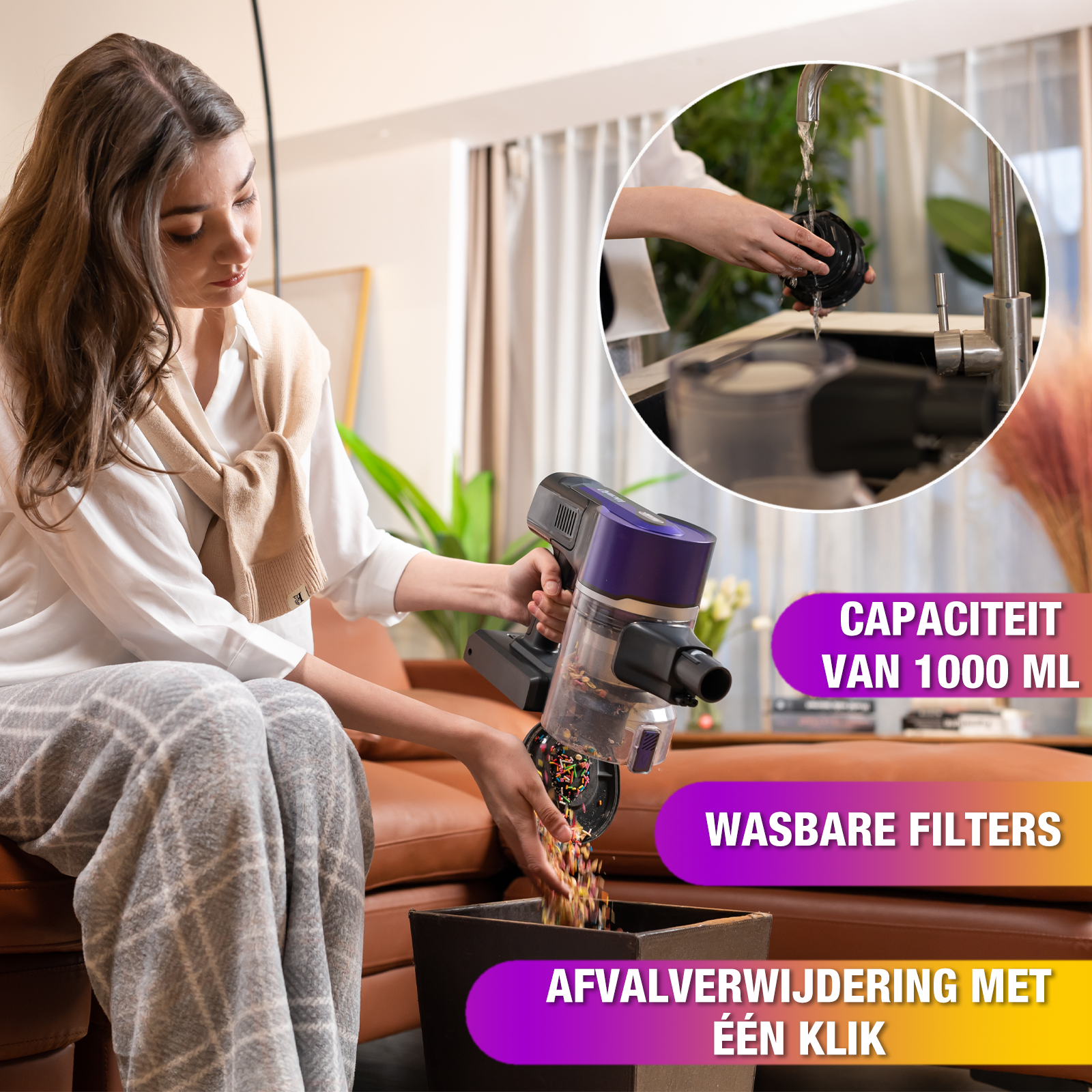Woman emptying a vacuum cleaner into a bin. Inset shows cleaning a part. Text: 1000ml capacity, washable filters, one-click waste.