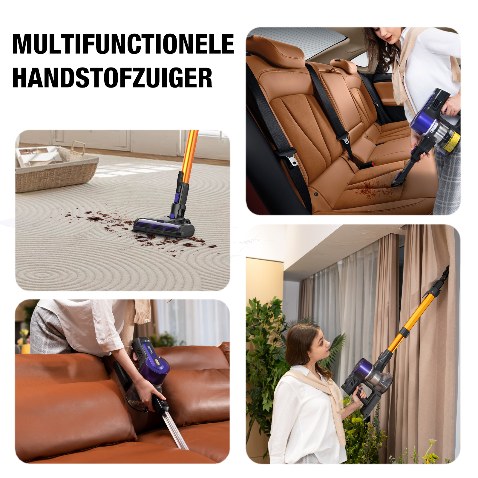 Image shows a vacuum cleaner being used on a carpet, car seat, sofa, and curtains. It is orange and black.