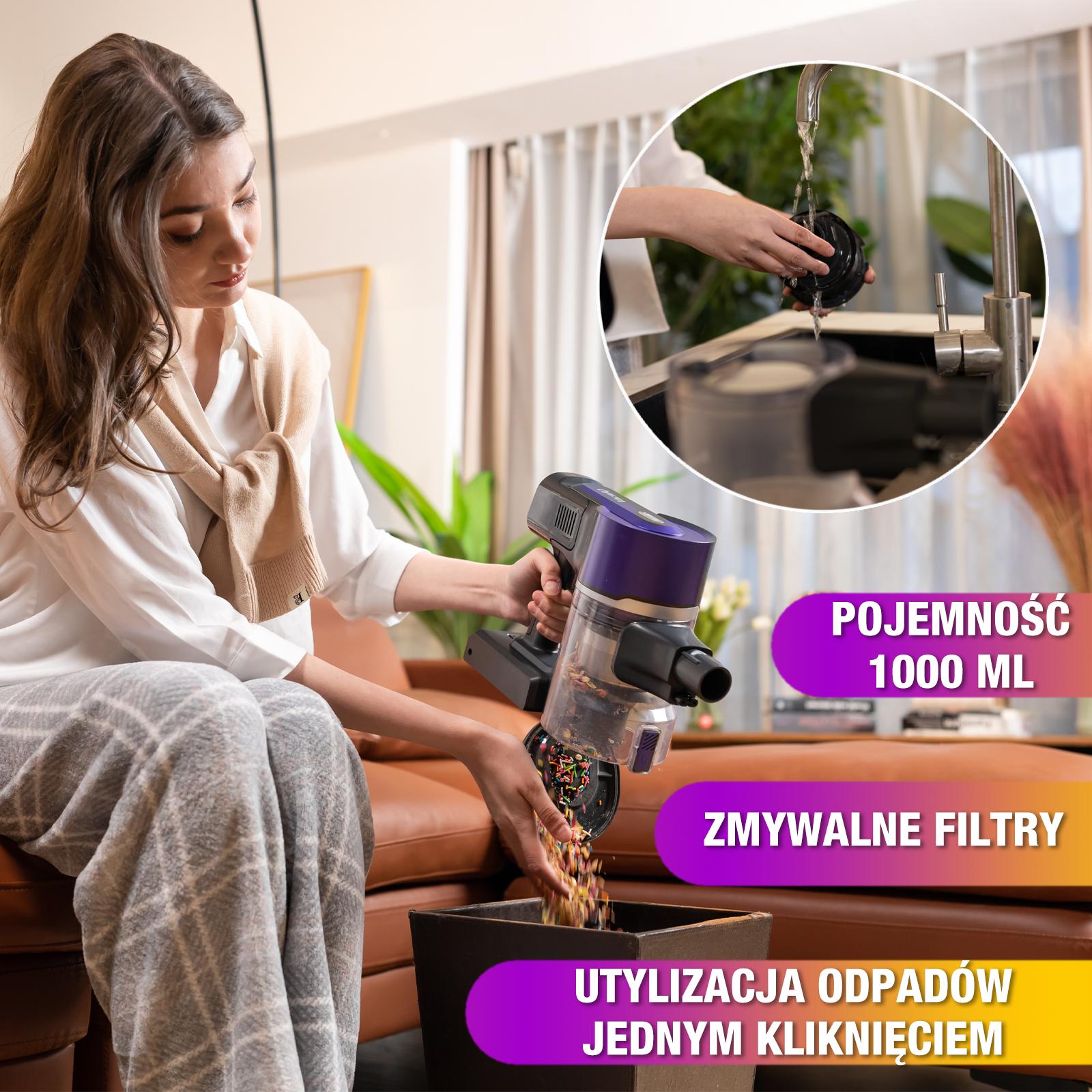 Kobieta używa bezprzewodowego odkurzacza, opróżniając zanieczyszczenia do pojemnika. Okrągła wstawka pokazuje czyszczenie filtra.