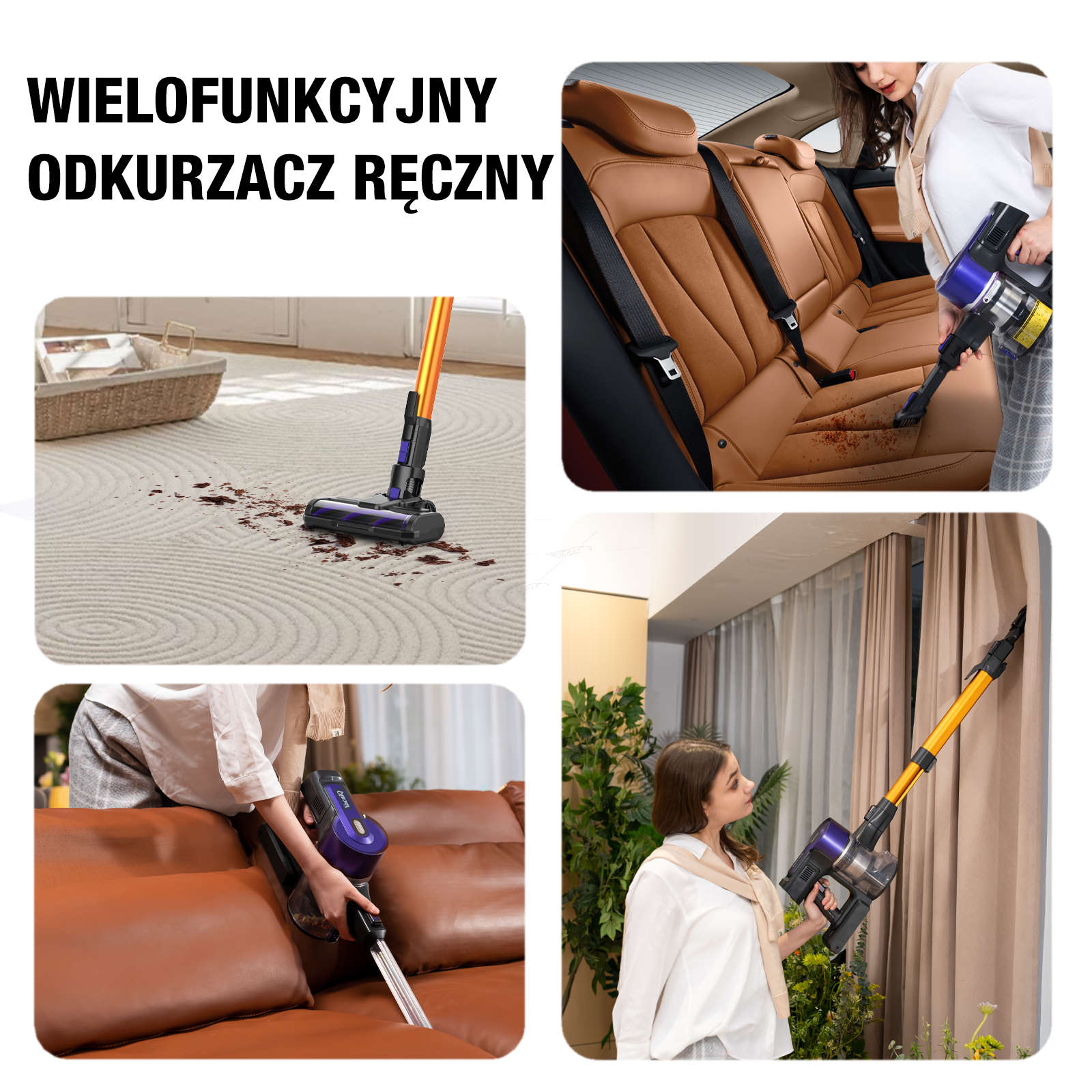 Zdjęcie przedstawia wielofunkcyjny odkurzacz ręczny używany na dywanie, siedzeniu samochodowym, sofie i zasłonach.