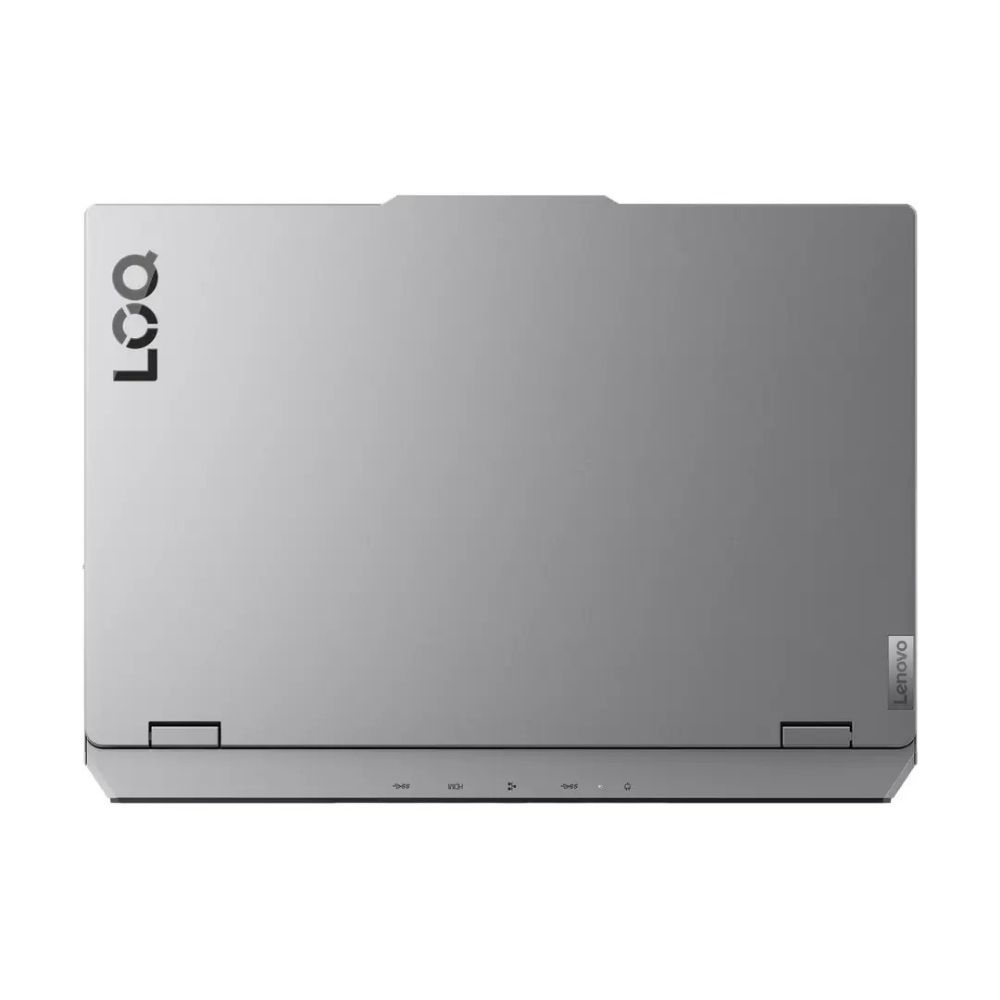 Gümüş renkli bir Lenovo dizüstü bilgisayar yukarıdan gösteriliyor. Sağda Lenovo logosu, solda LOQ yazısı var. Dizüstü bilgisayar kapalı.
