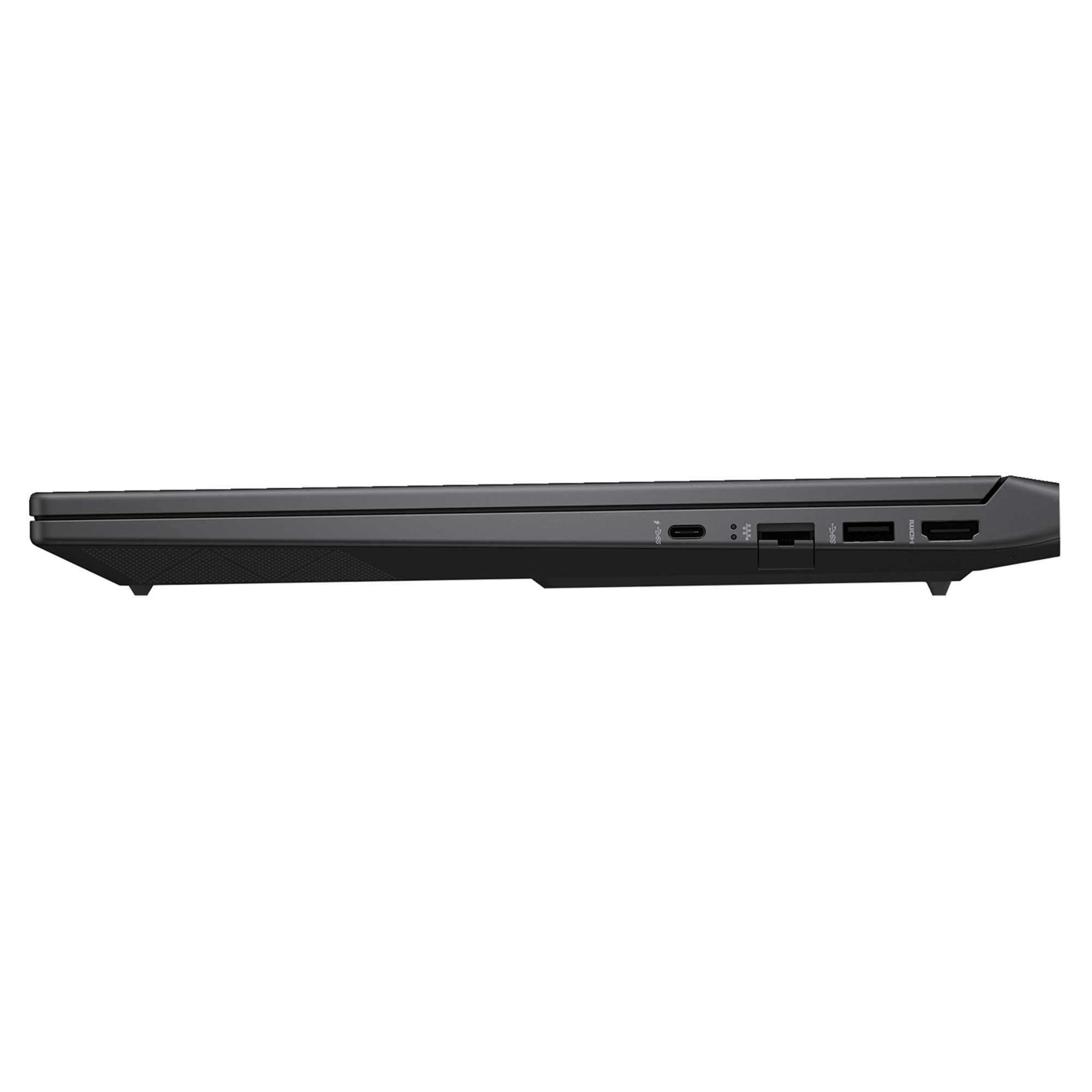Koyu renkli bir dizüstü bilgisayarın yan görünümü, bağlantı noktalarıyla. USB-C, USB, HDMI gibi bağlantı noktaları. Beyaz arka plan üzerinde.