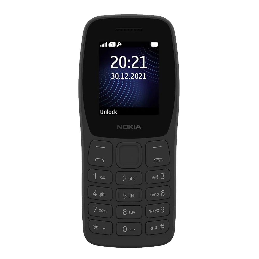 Siyah bir Nokia telefon 20:21 saatini ve 30.12.2021 tarihini gösteriyor. Tuş takımında sayılar ve harfler var.