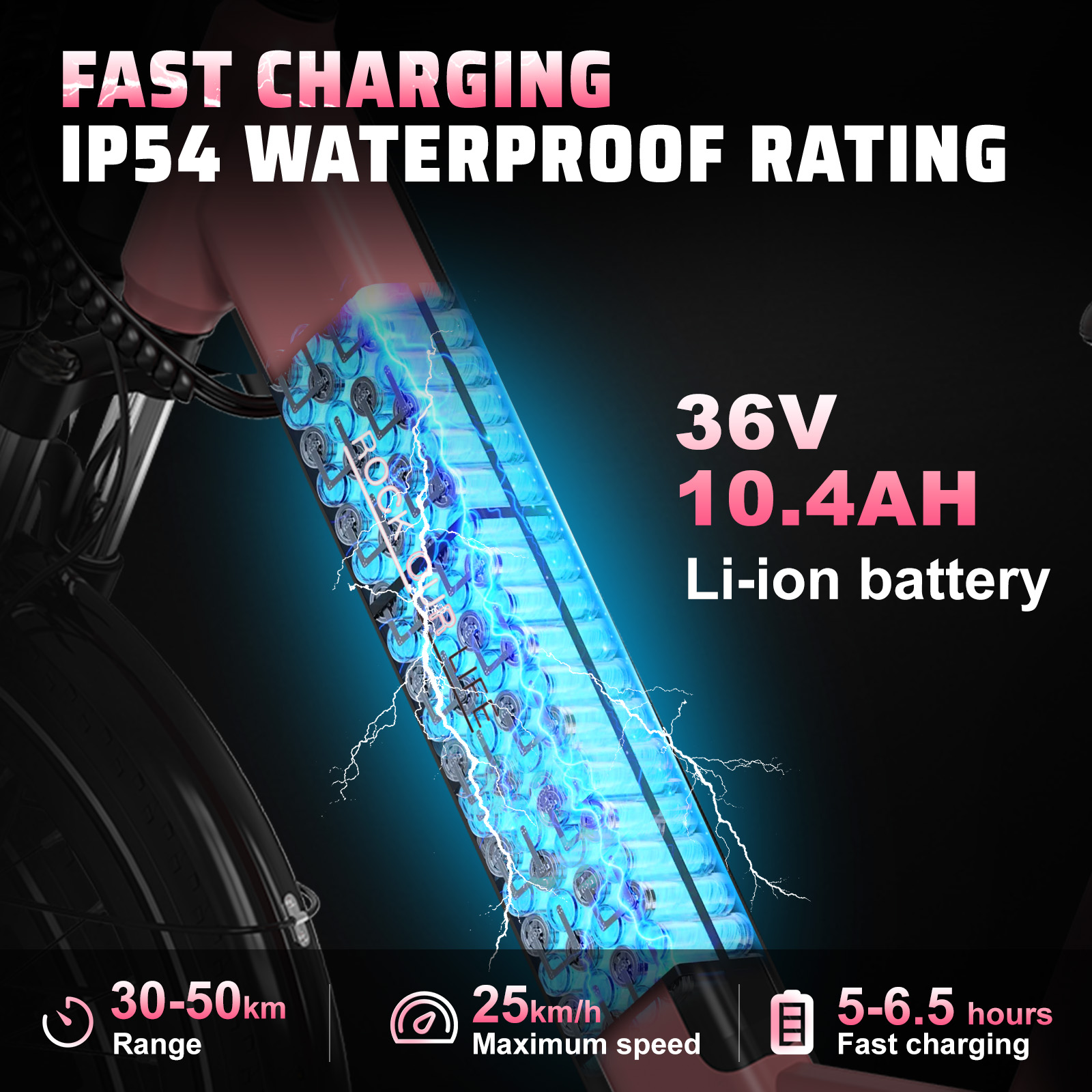 Afbeelding toont e-bike batterij met specificaties: 36V, 10.4AH, snel opladen, bereik 30-50km, snelheid 25km/u.