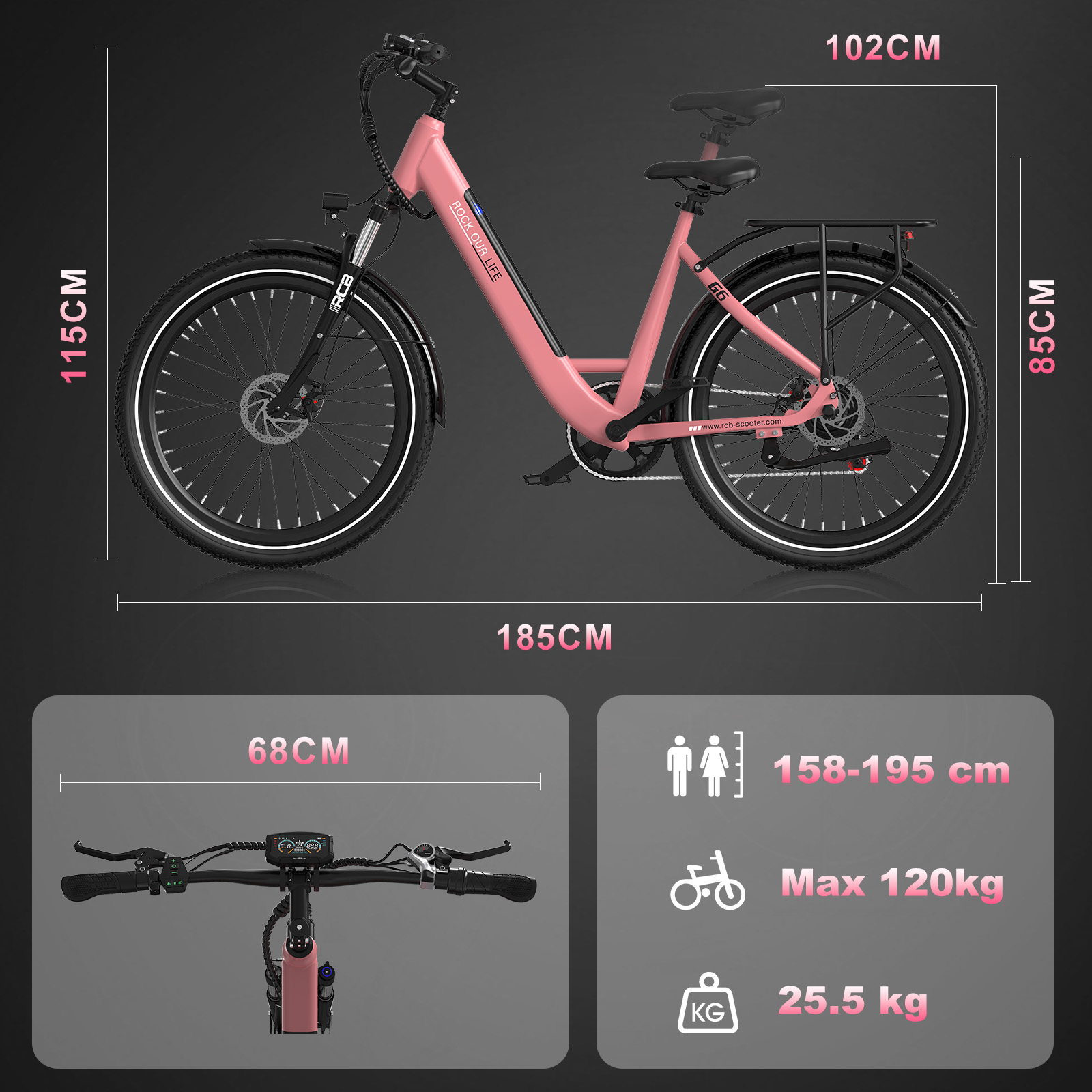 Roze elektrische fiets met zwarte wielen en details, afmetingen getoond. Info paneel toont rijderlengte, gewicht en fietsgewicht.