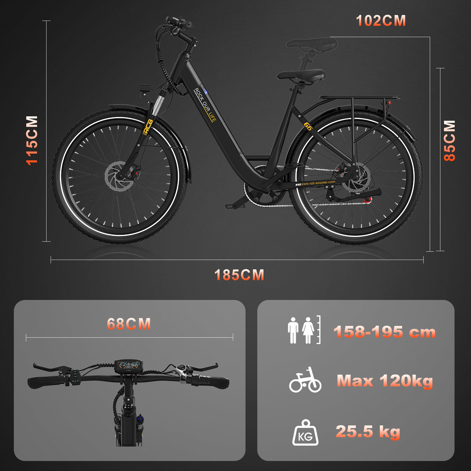 Schwarzes Elektrofahrrad mit weiß umrandeten Rädern. Abmessungen, Gewicht und Fahrergrößenangaben sind angegeben.