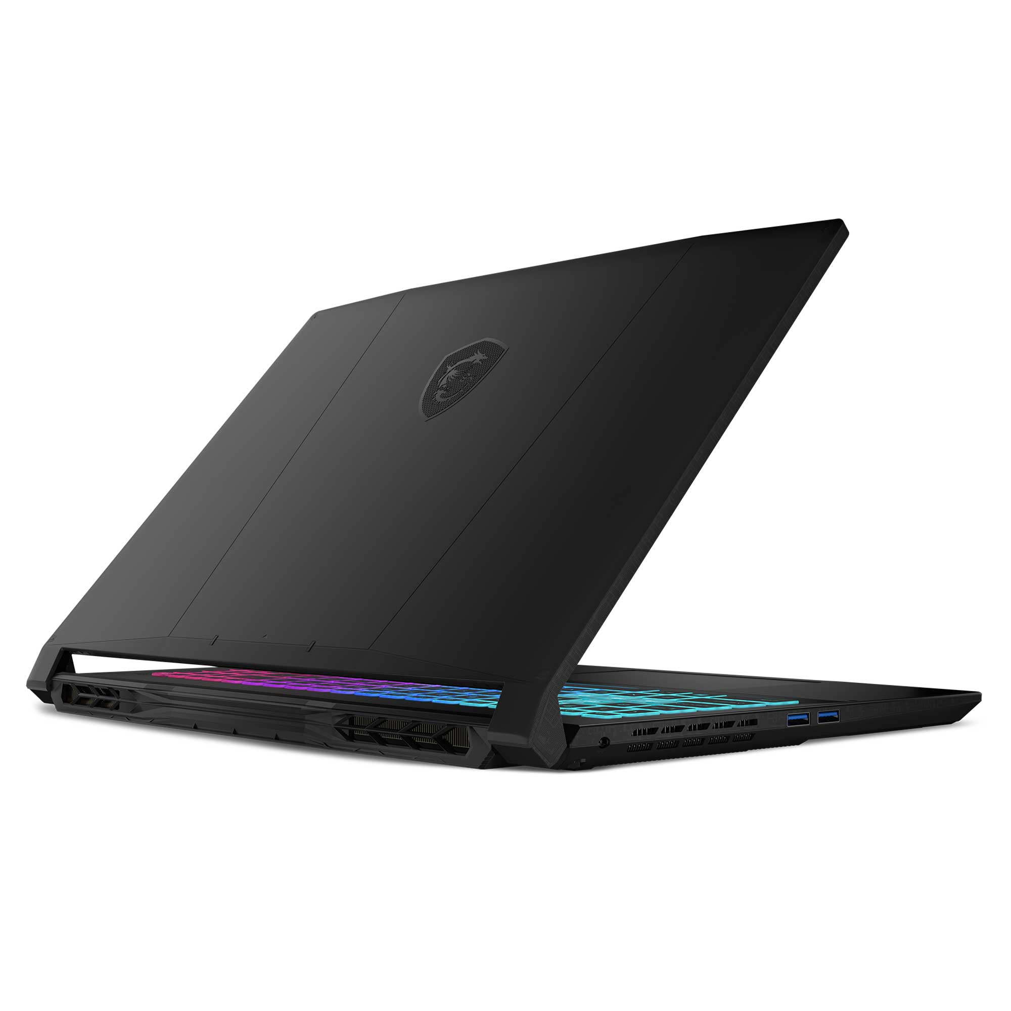 Açık kapaklı siyah dizüstü bilgisayar, renkli bir klavye sergiliyor. MSI logosu kapakta görünür.