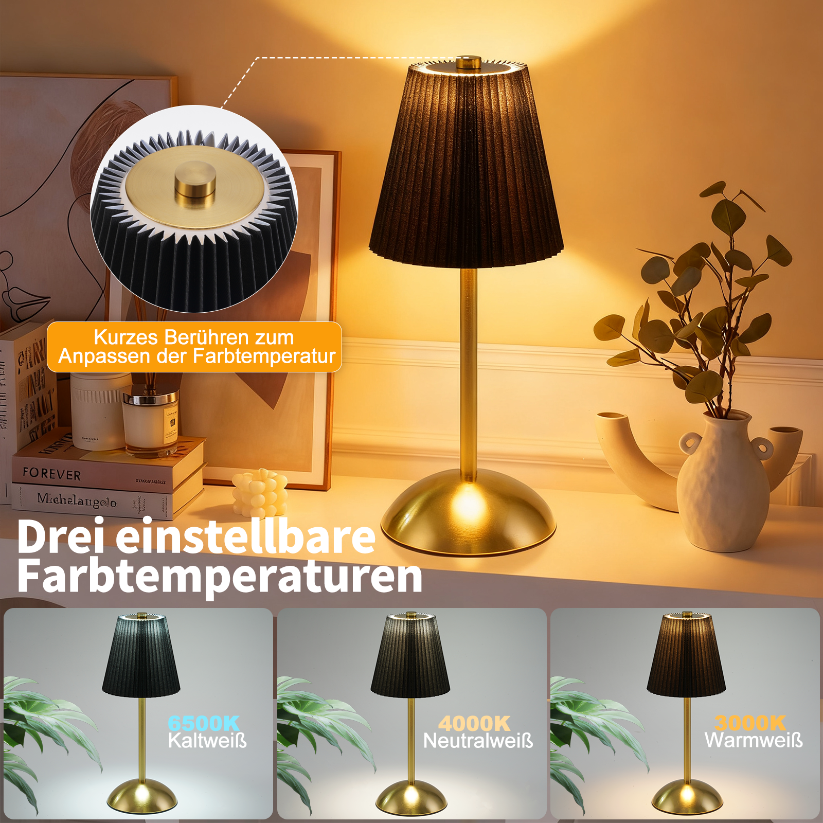 Złota lampa z czarnym kloszem na białej powierzchni. Ma trzy różne ustawienia światła. Obecny jest również tekst w języku niemieckim.