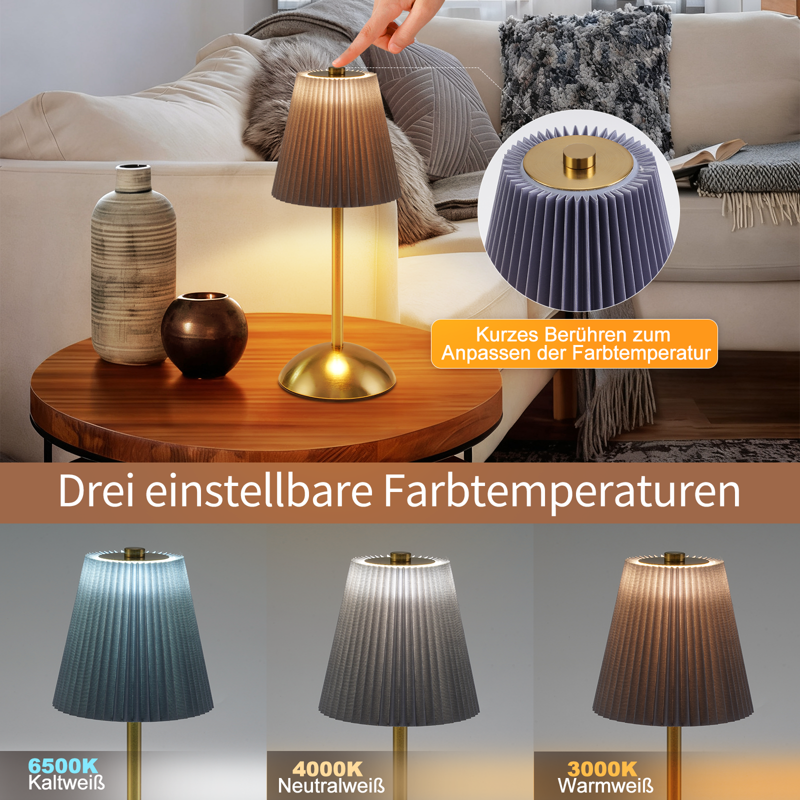 Una lampada da tavolo con paralume plissettato. Una mano tocca la parte superiore. Sotto sono visualizzate tre opzioni di temperatura colore.