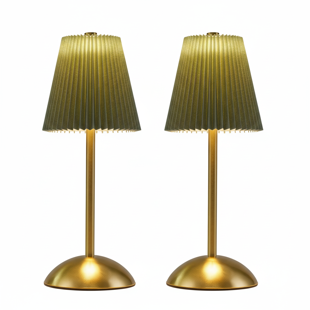 Due lampade dorate con paralumi plissettati verdi su sfondo bianco.