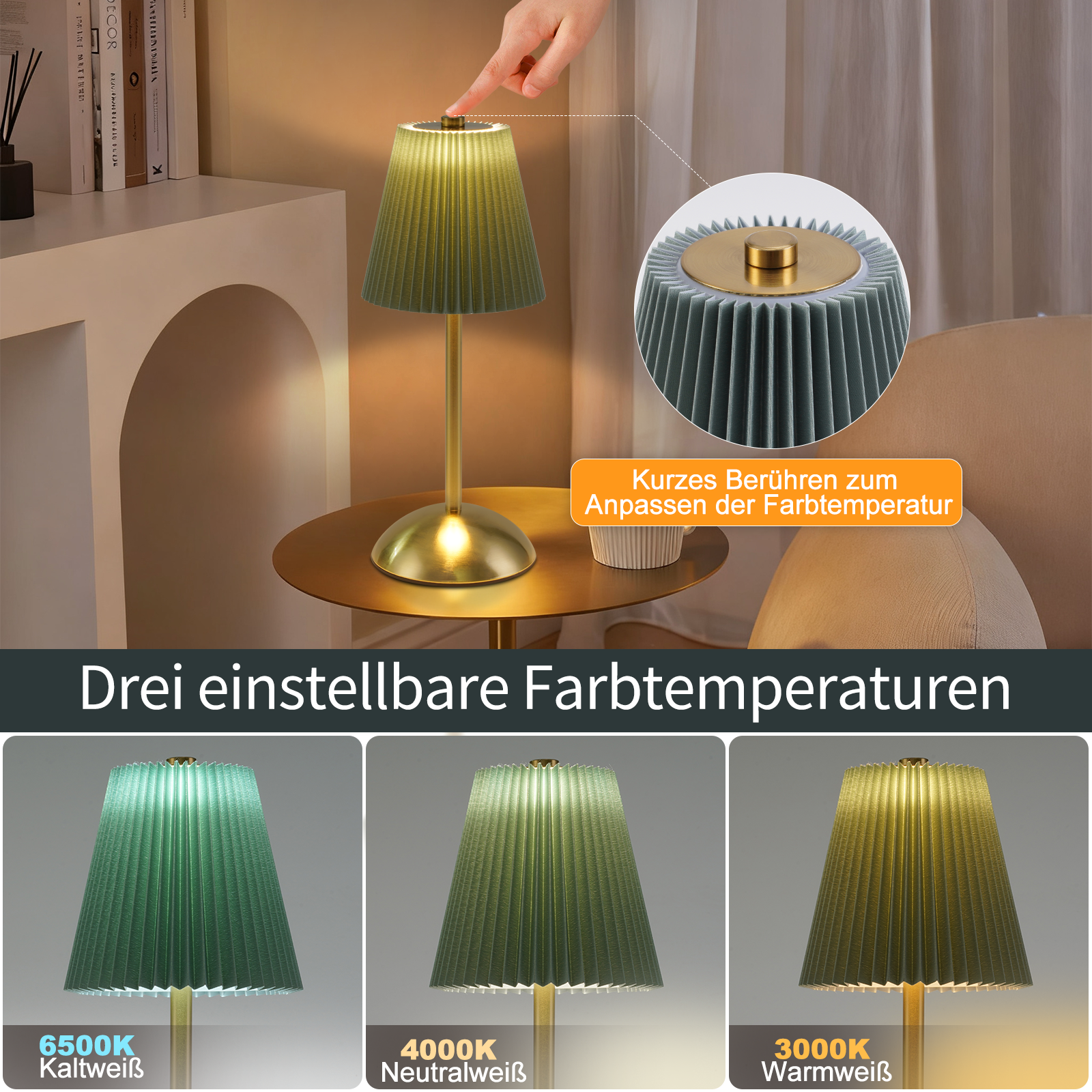 Una mano tocca la parte superiore di una lampada. La lampada ha un paralume verde plissettato. Vengono visualizzate tre impostazioni di luce.