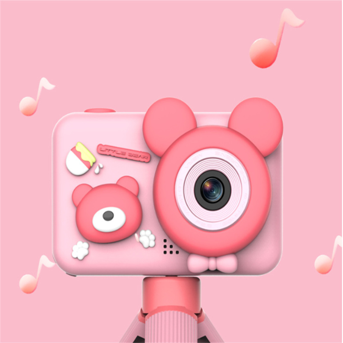 Roze camera met berenoren en gezicht, strikje, statief en muzieknoten op roze achtergrond.