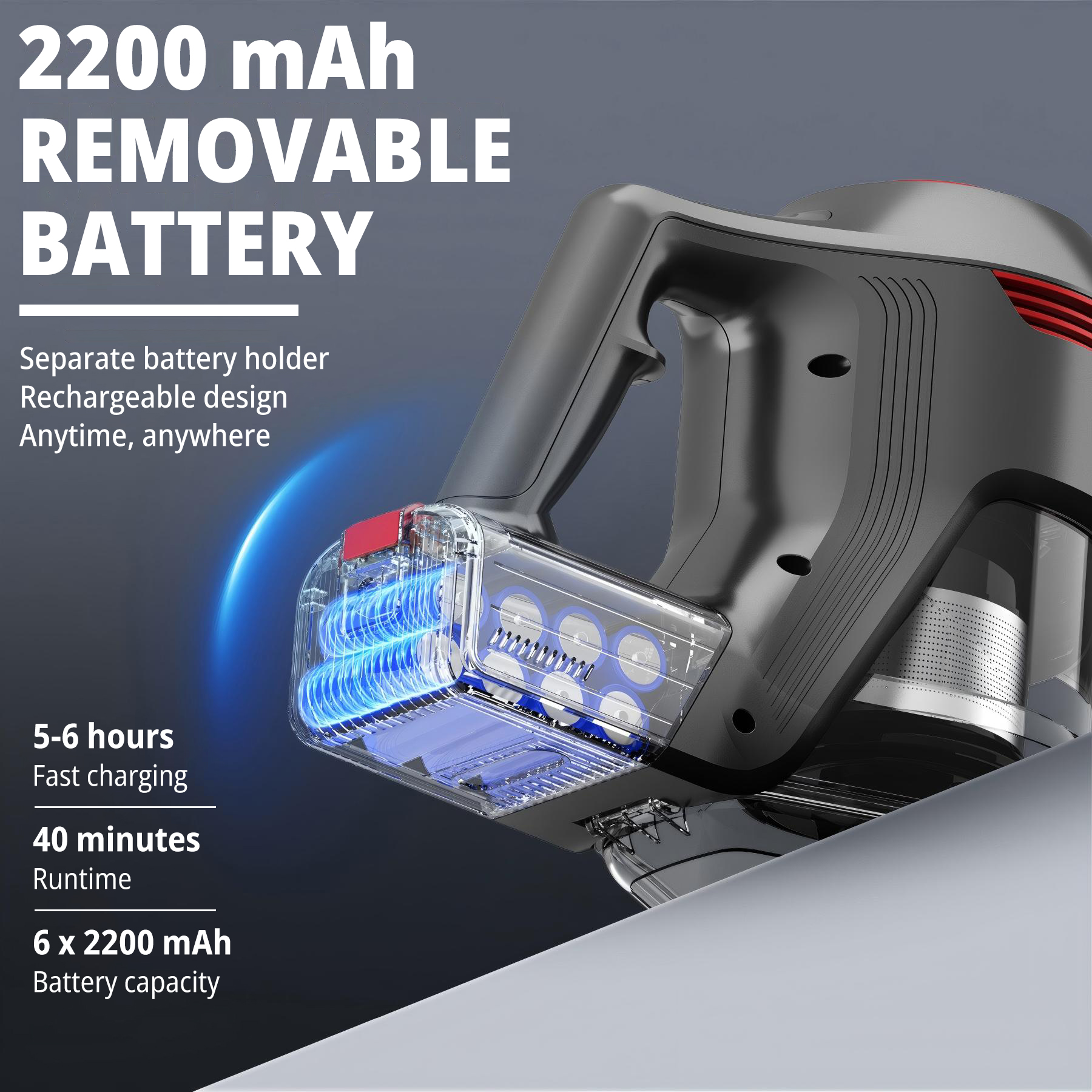 Close-up van een zwarte en grijze stofzuiger met een uitneembare batterij. Tekstdetails over batterijspecificaties en runtime.