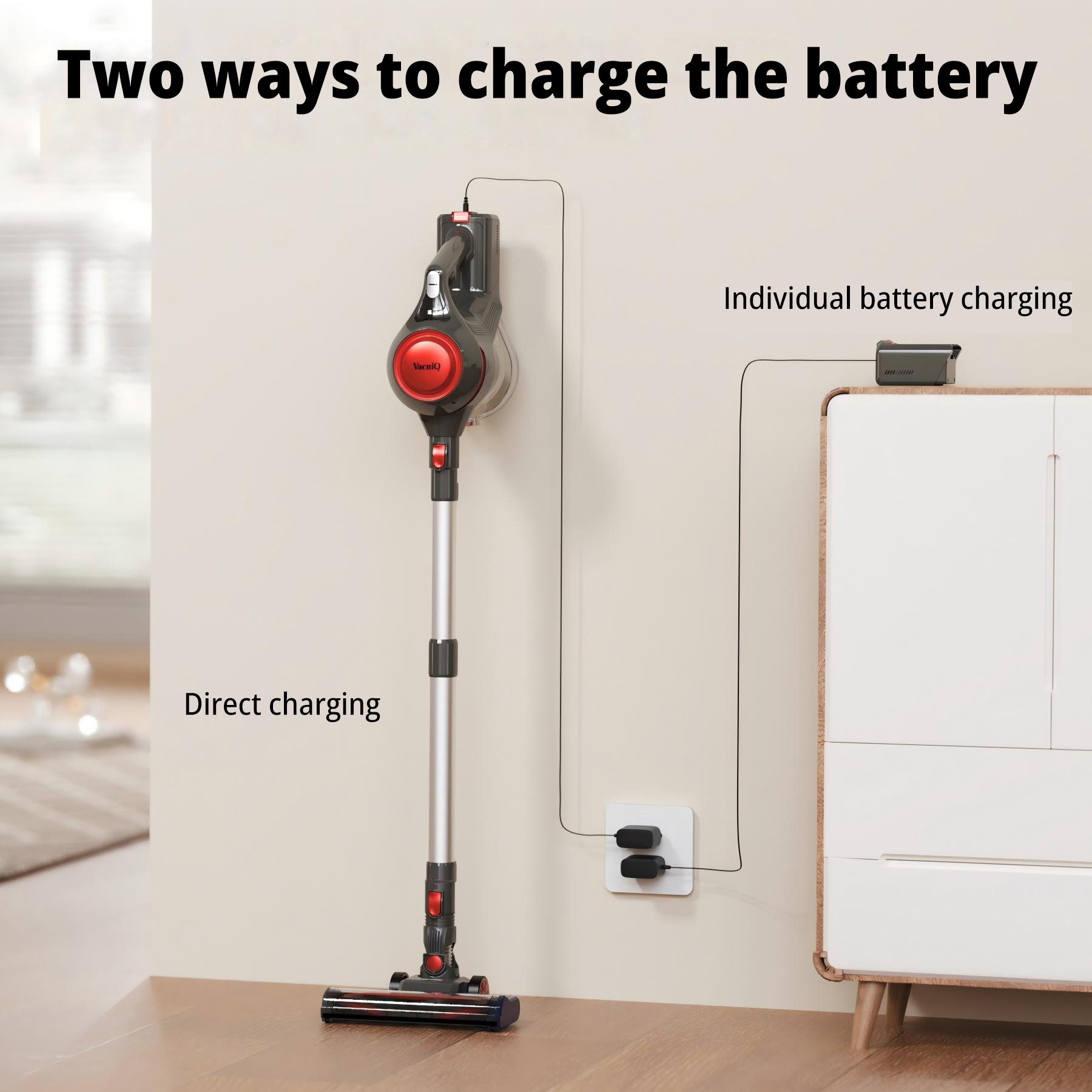 Afbeelding toont een stofzuiger met twee oplaadmethoden: direct opladen en individueel opladen van de batterij.