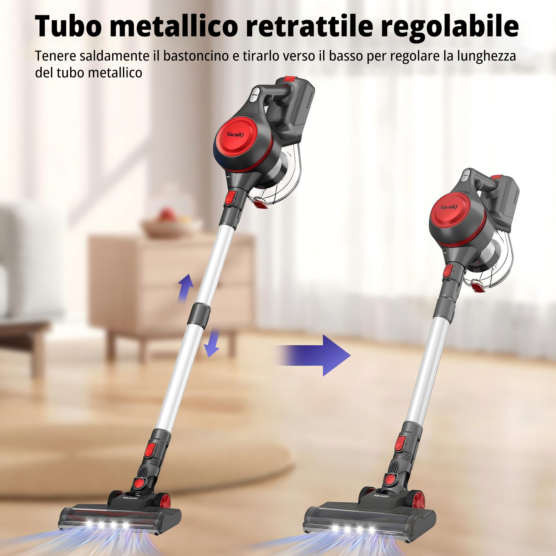 L'immagine mostra un aspirapolvere con tubo metallico regolabile. Le frecce indicano come regolarlo.