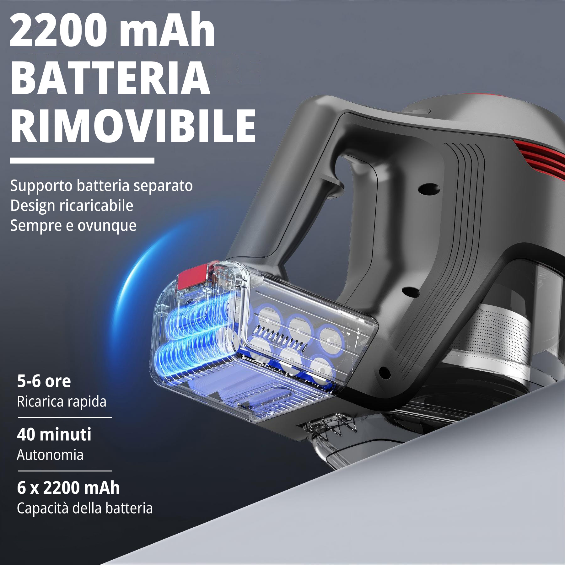Un aspirapolvere portatile. Ha una batteria rimovibile e specifiche, tra cui capacità di 6x2200 mAh.