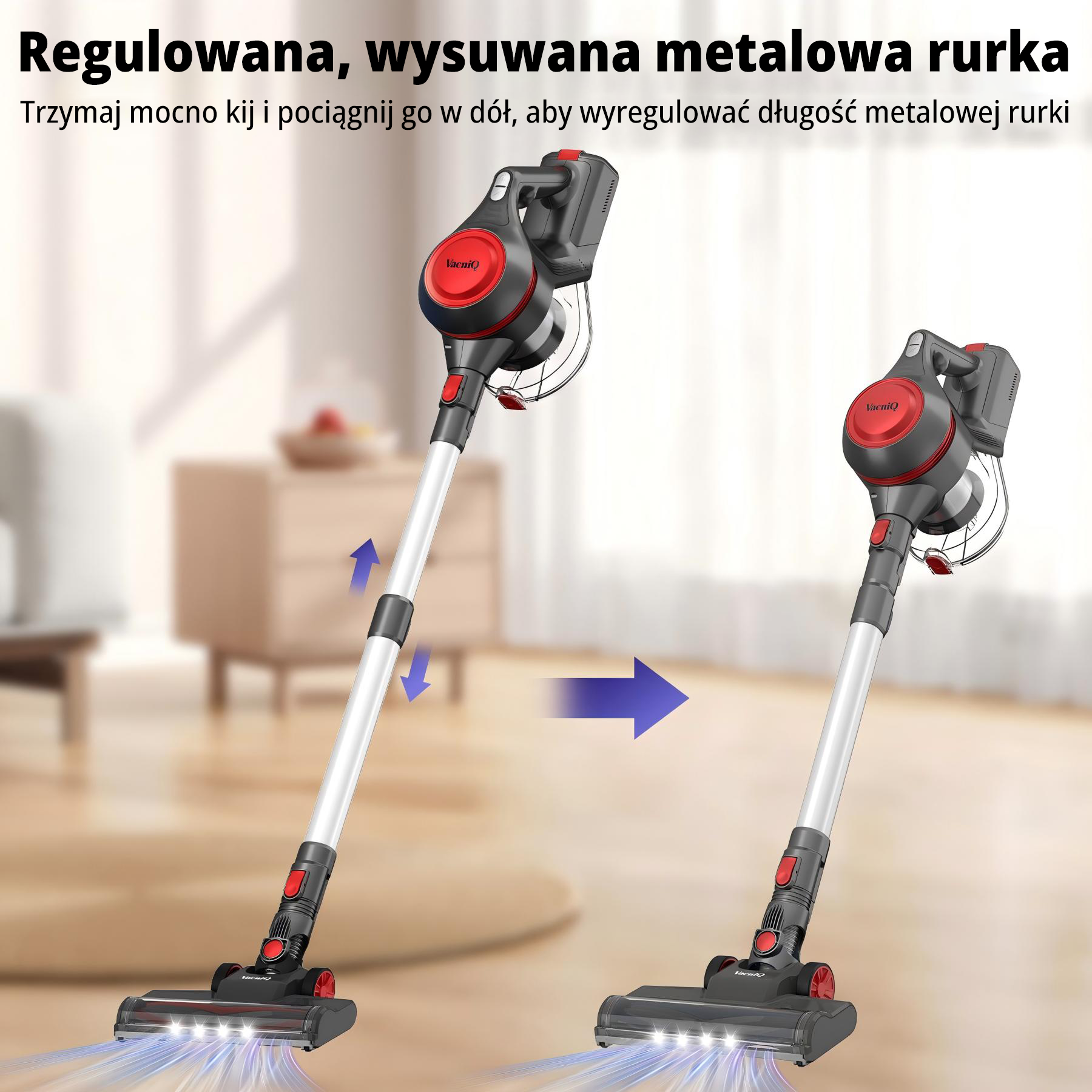 Obraz przedstawia odkurzacz z regulowaną metalową rurą. Jest czerwony i czarny. Instrukcje pokazują, jak go regulować.