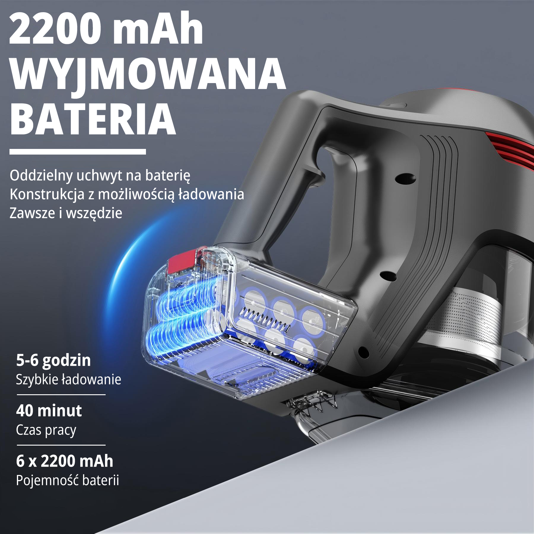 Zbliżenie czarno-czerwonego odkurzacza bezprzewodowego z podświetlonym akumulatorem. Tekst wyświetla szczegóły i specyfikacje baterii.