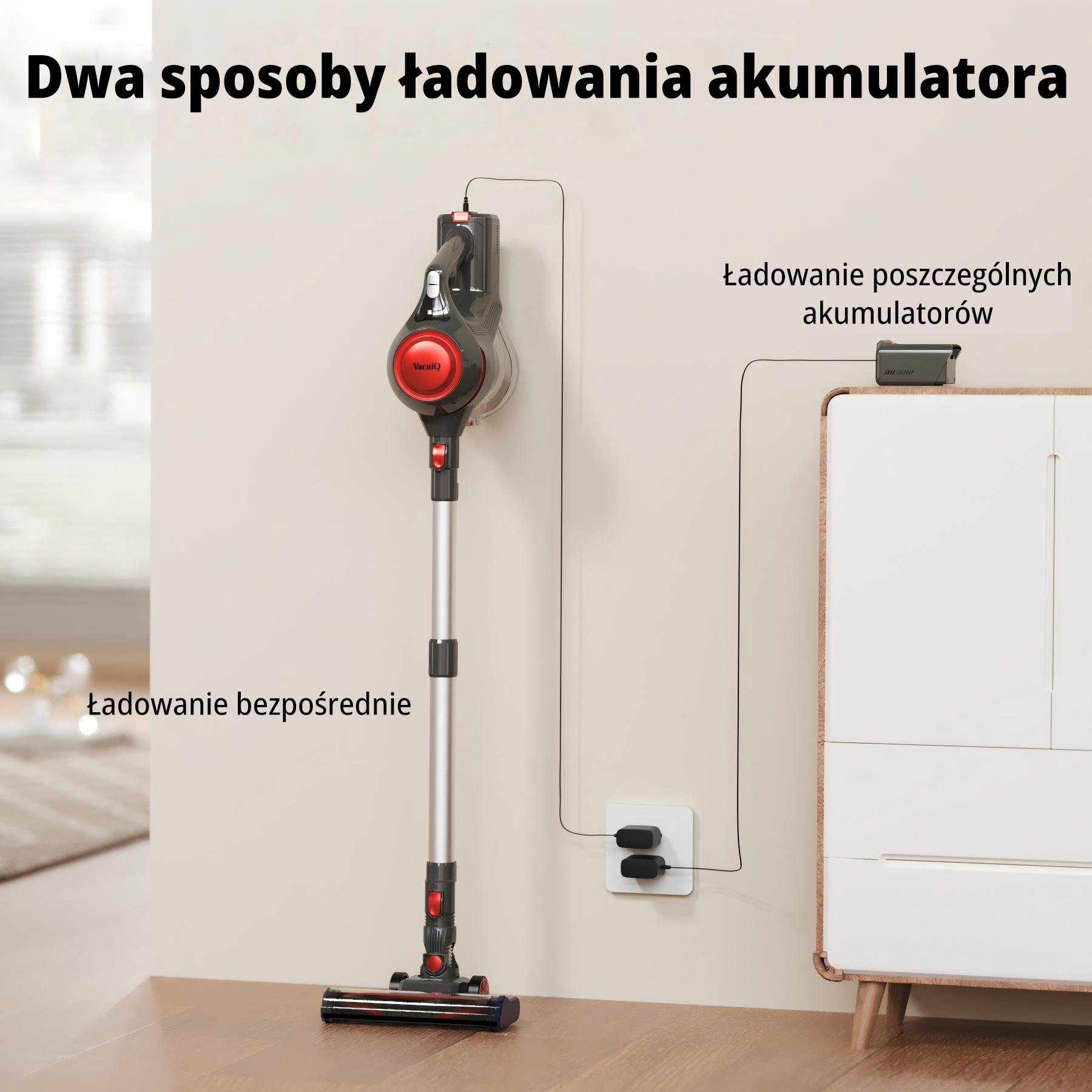 Zdjęcie przedstawia odkurzacz z dwiema metodami ładowania: bezpośrednim i oddzielnym ładowaniem baterii oraz ładowarką.