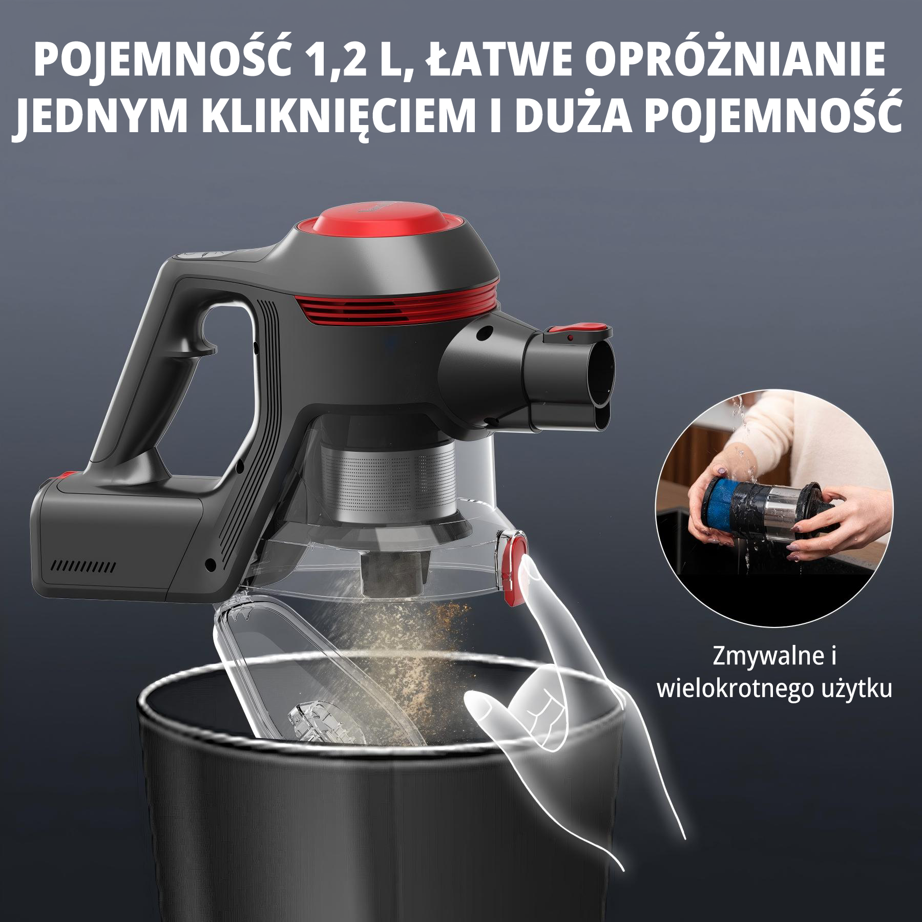 Widoczny jest czarno-czerwony odkurzacz, z ręką wskazującą na pojemnik, kurz jest opróżniany.