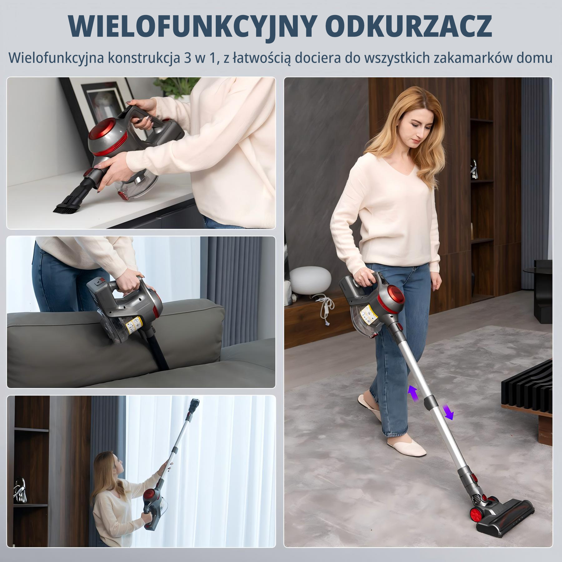 Kobieta używa bezprzewodowego odkurzacza. Obraz pokazuje odkurzacz w różnych pozycjach, podczas sprzątania.