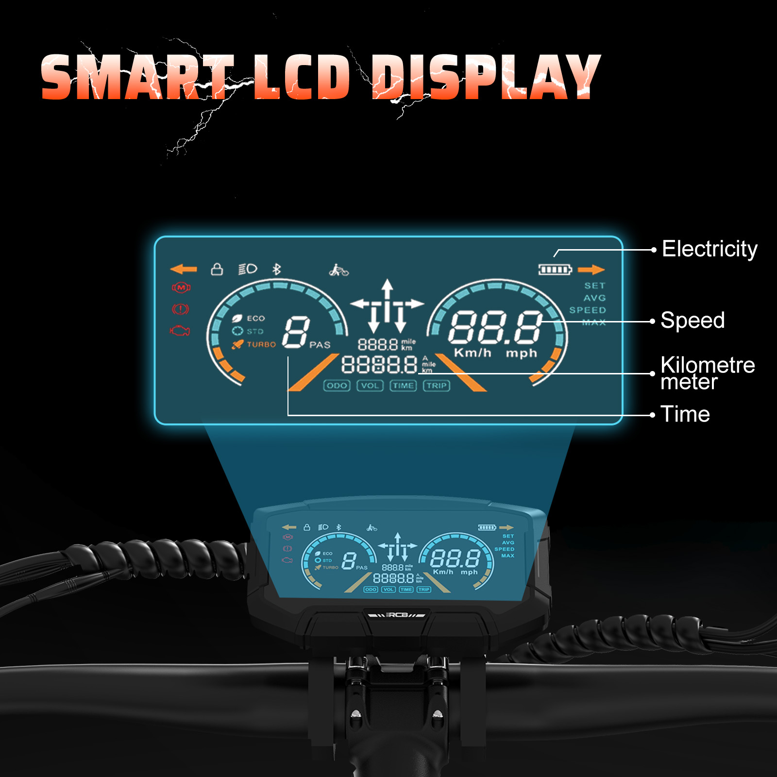 Der LCD-Bildschirm eines E-Bikes zeigt Geschwindigkeit, Batterie und andere Metriken vor schwarzem Hintergrund.