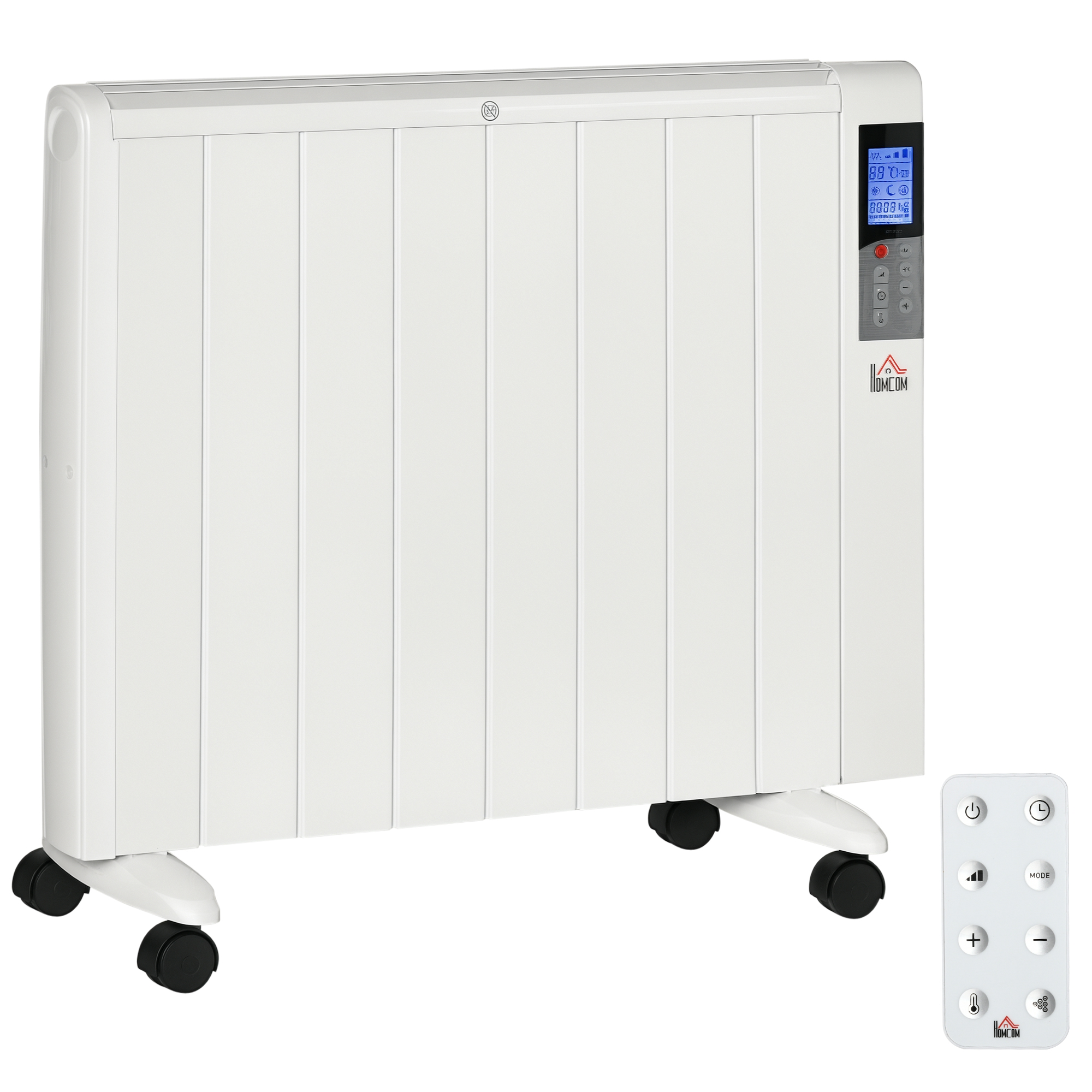 Radiatore elettrico bianco con display digitale e telecomando. Con ruote per spostarlo.