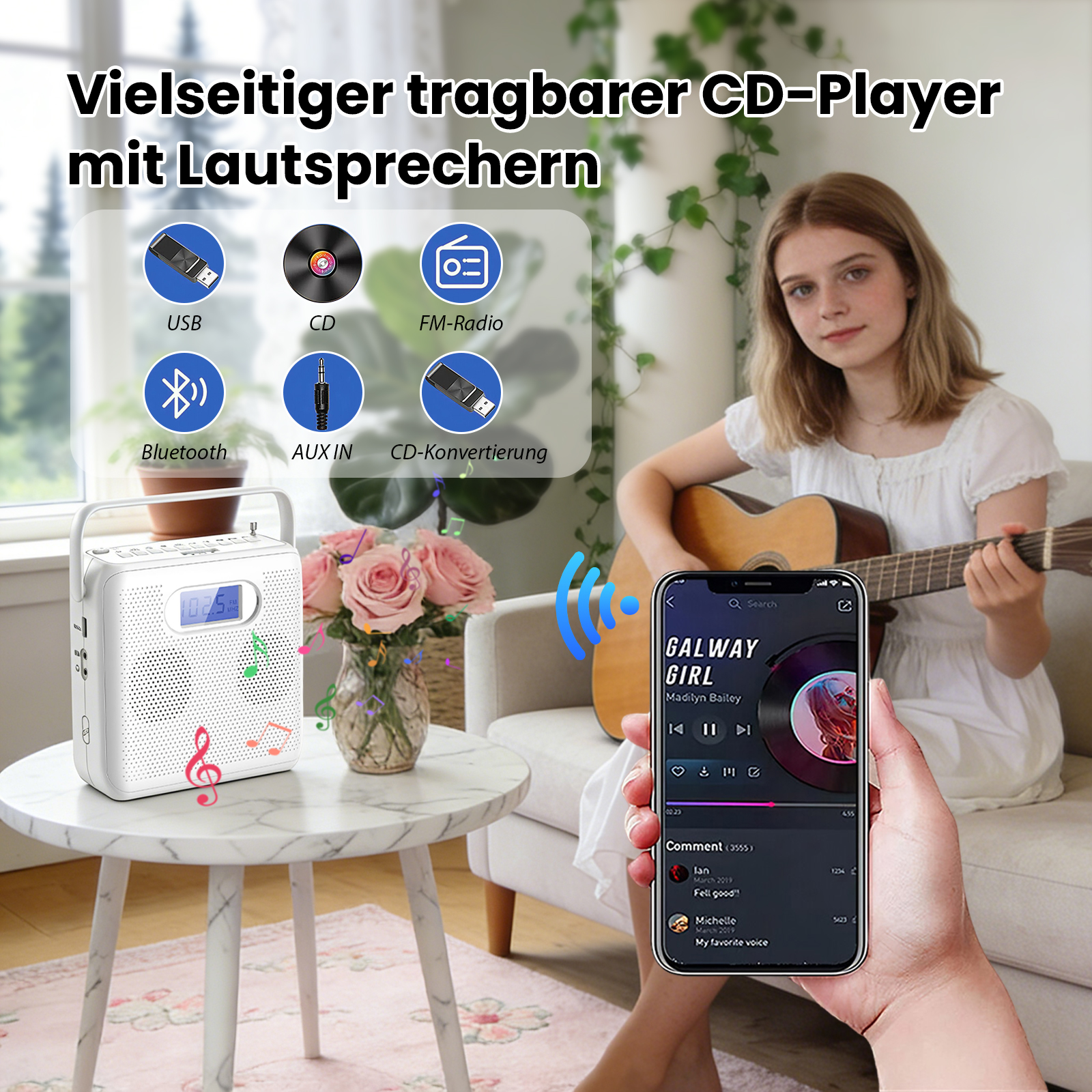 Ein Mädchen spielt Gitarre und hört Musik auf ihrem Handy. Ein weißer CD-Player steht daneben. Verschiedene Eingangsoptionen werden gezeigt.