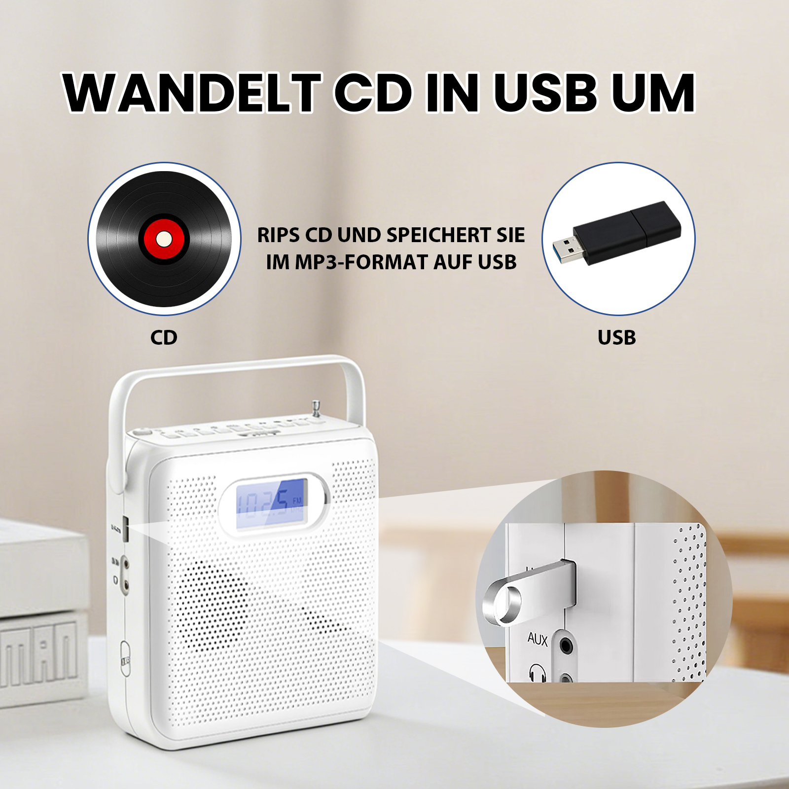 Bild zeigt ein weißes Radio mit CD, USB und Text, der die CD-zu-USB-Konvertierung im MP3-Format anzeigt.