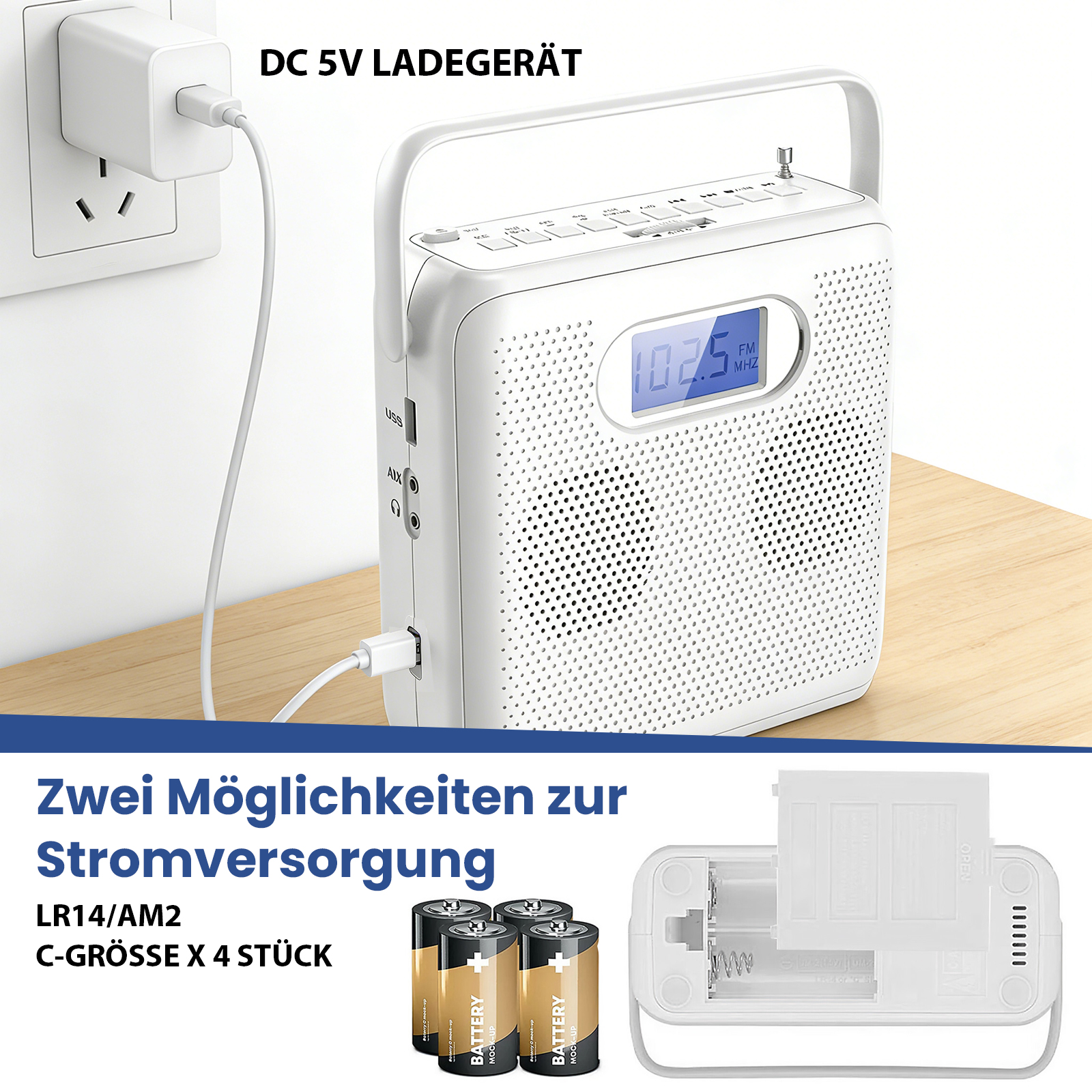 Ein weißes Radio ist eingesteckt. Batteriefach und Batterien sind abgebildet. Es hat ein digitales Display und Knöpfe.