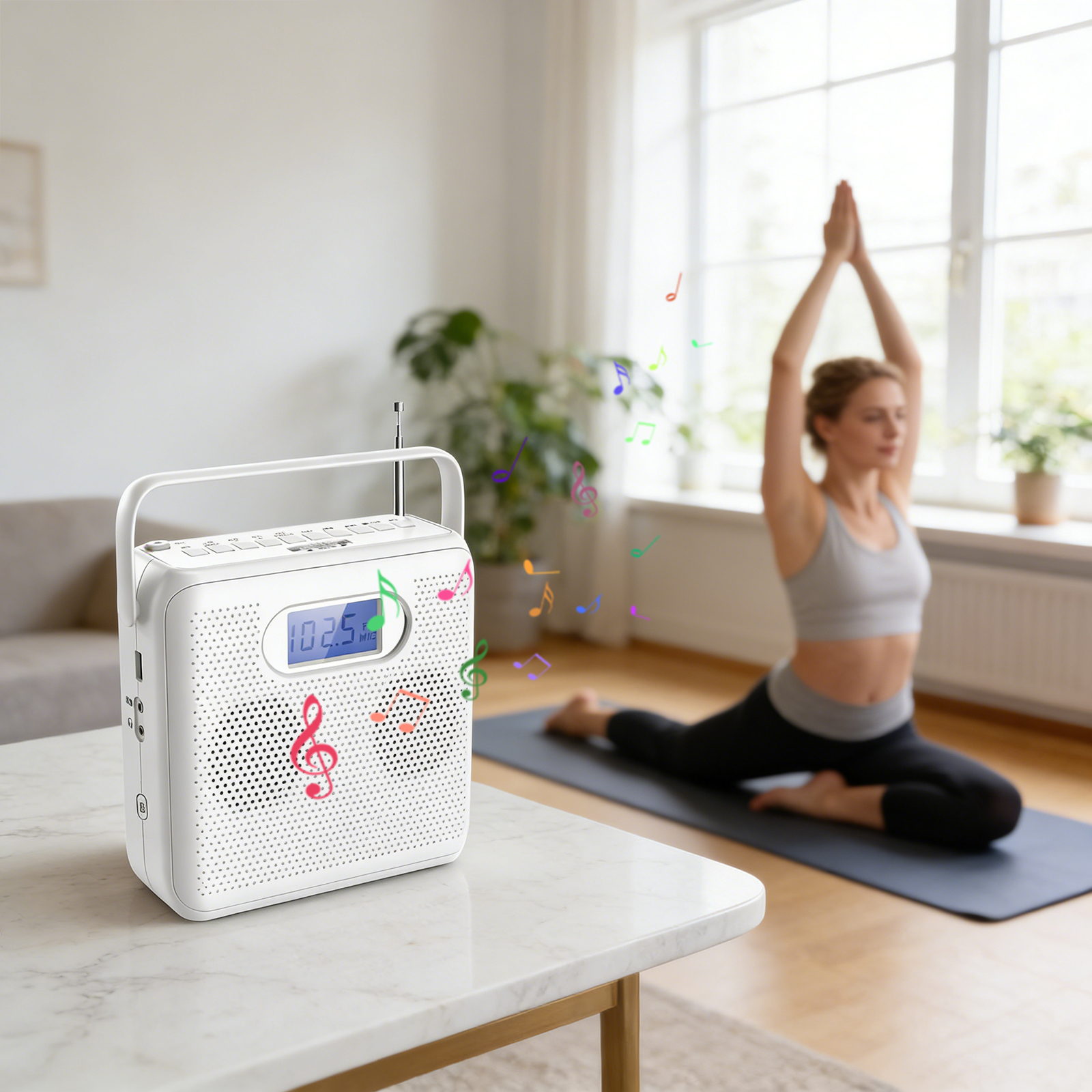 Ein weißes Radio auf einem Tisch. Eine Frau macht Yoga. Bunte Noten schweben in der Luft. Fenster und Pflanzen im Hintergrund.