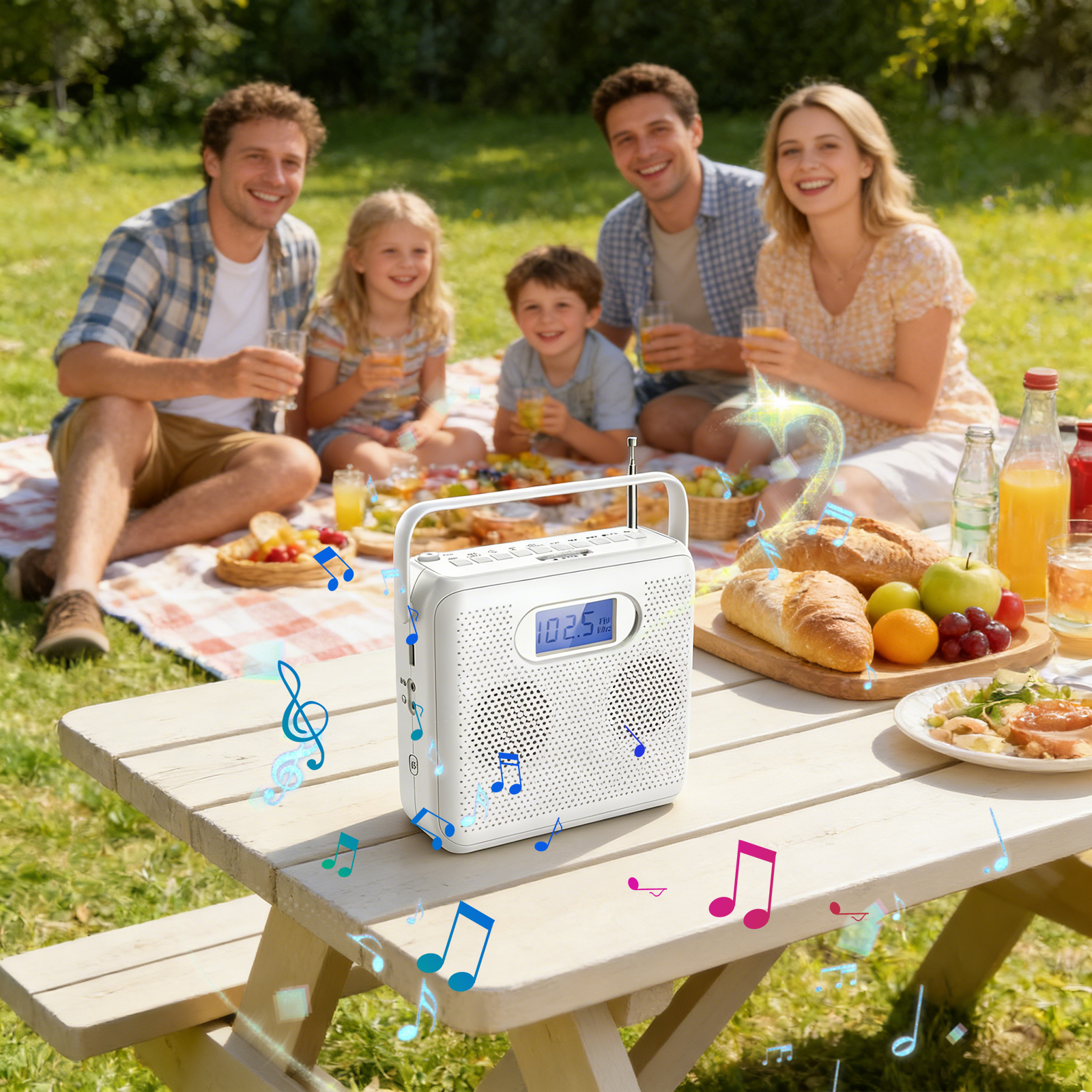 Familienpicknick mit einem weißen Radio auf einem Tisch. Leute essen und trinken. Musiknoten umgeben das Radio.