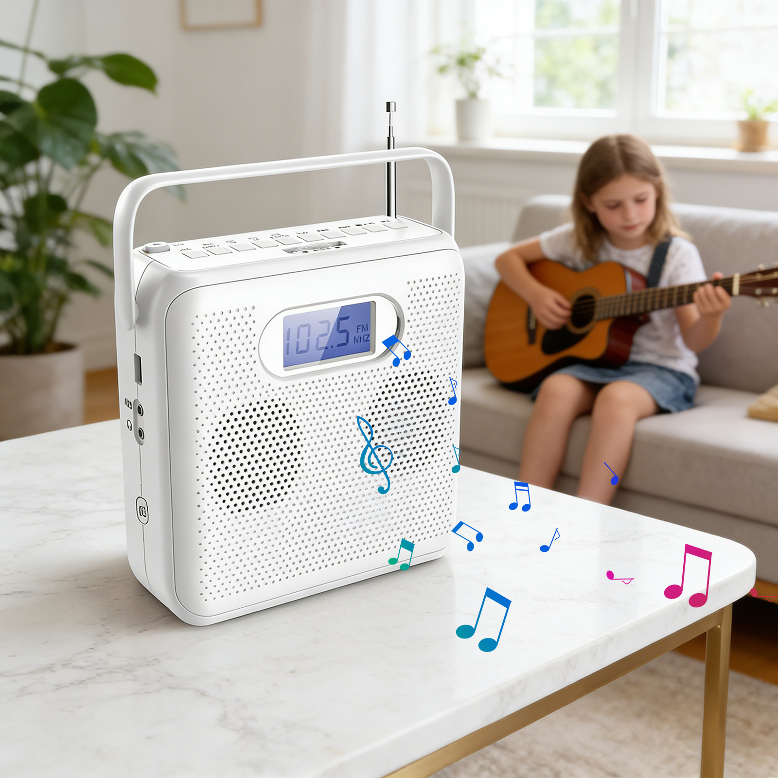 Ein weißes Radio auf einem Tisch, im Hintergrund ein Mädchen, das Gitarre spielt. Noten sind verstreut.