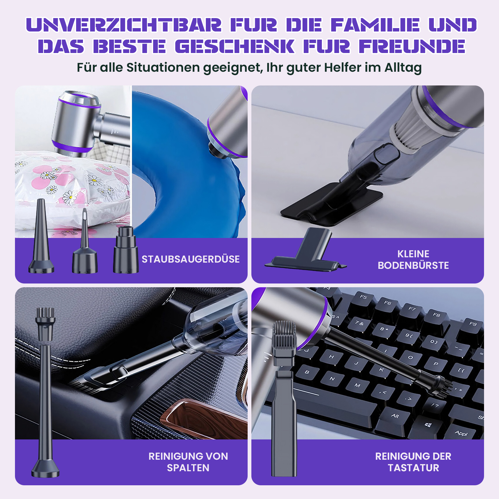 Das Bild zeigt Staubsaugerteile und Reinigungsbeispiele: Kissen, aufblasbar, Boden, Auto und Tastatur. Text auf Deutsch.