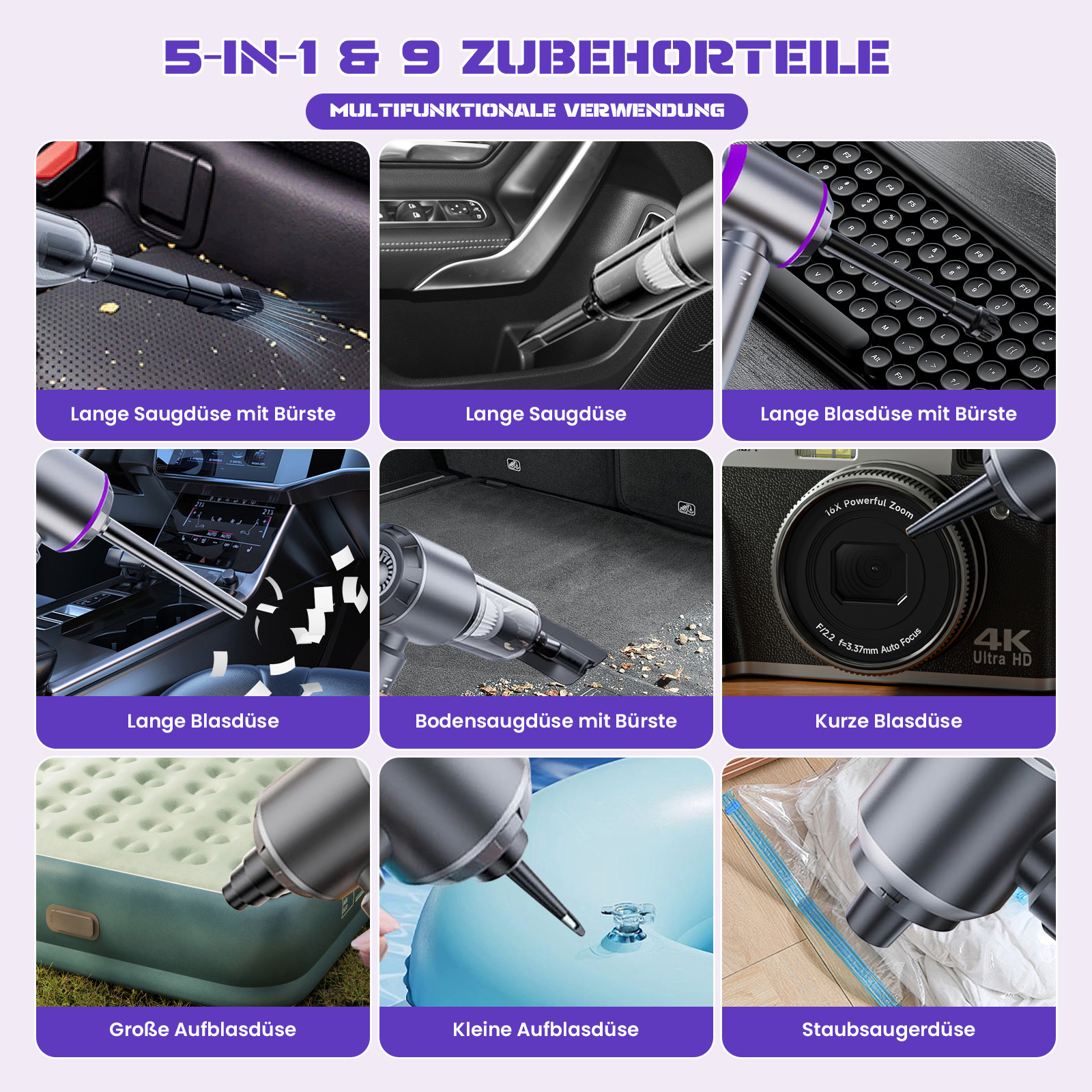 Das Bild zeigt einen Staubsauger mit verschiedenen Aufsätzen. Reinigung eines Autositzes, einer Tastatur, einer Kamera und aufblasbarer Gegenstände.