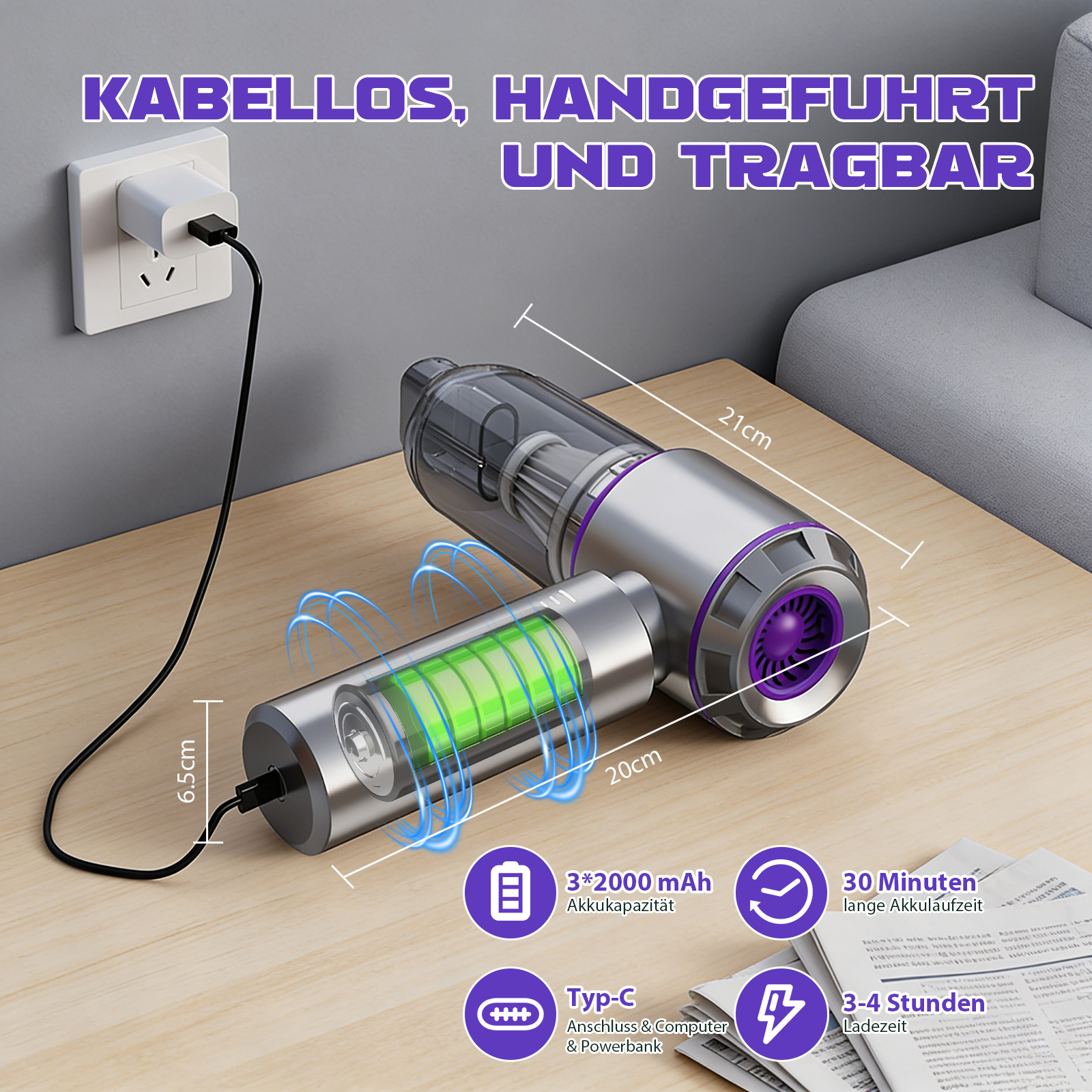 Kabelloser Staubsauger in Silber und Lila mit Akku, Ladekabel und Spezifikationen auf einem Holztisch.