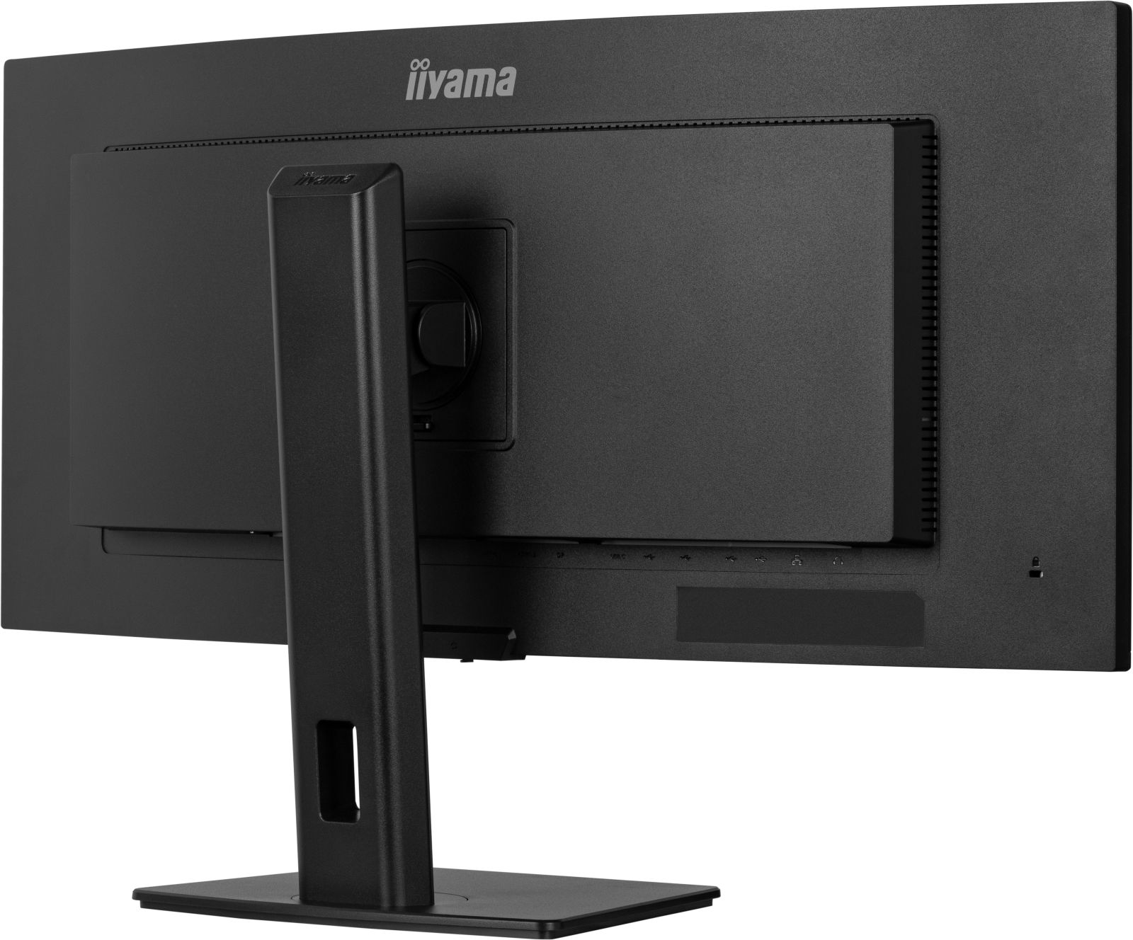 Een zwarte computermonitor, met het 'iiyama' logo bovenaan. De standaard is ook zwart en heeft een vierkante basis.