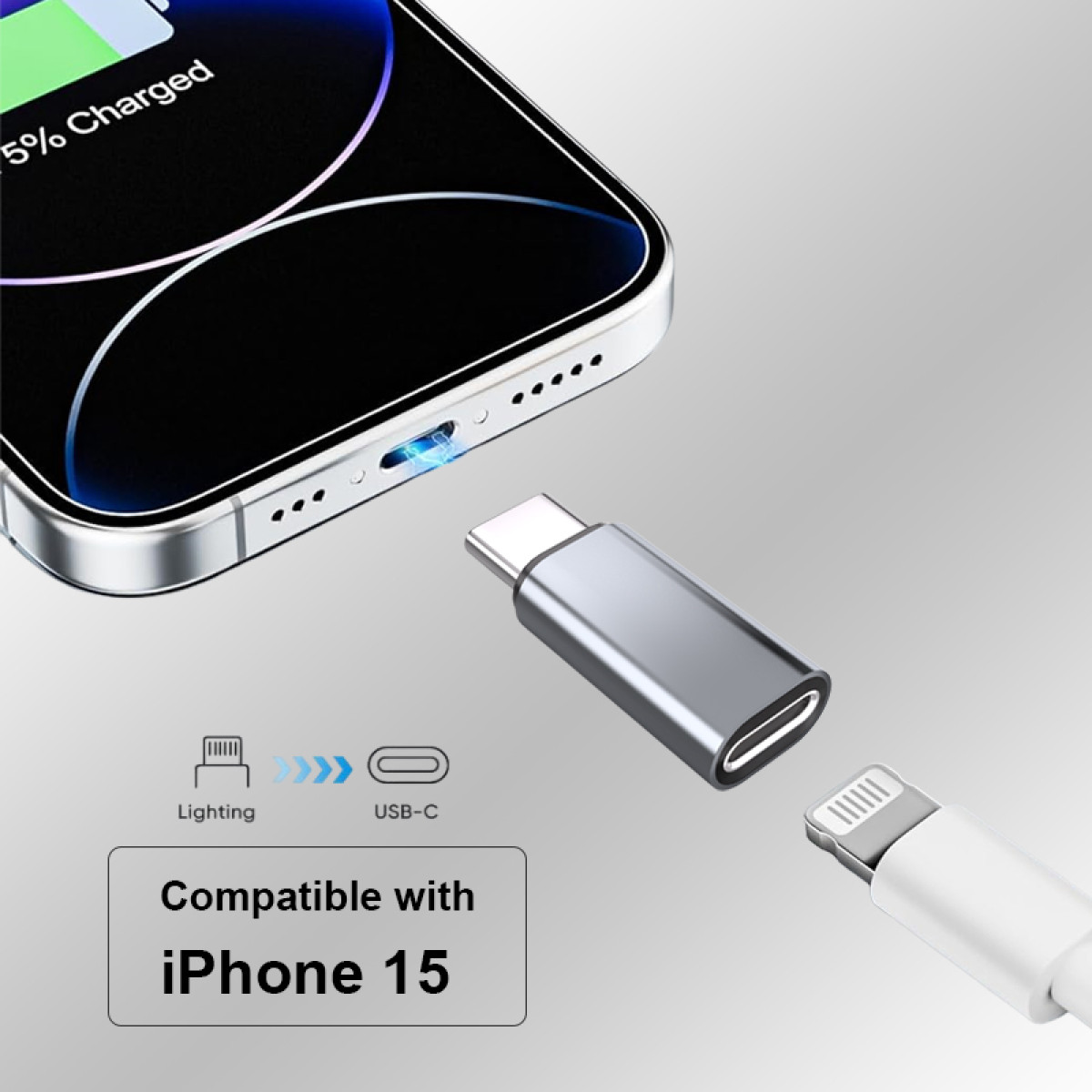 Konfiguracja ładowania iPhone'a 15. Kabel Lightning do adaptera USB-C i telefon. Tekst: Kompatybilny z iPhone 15.