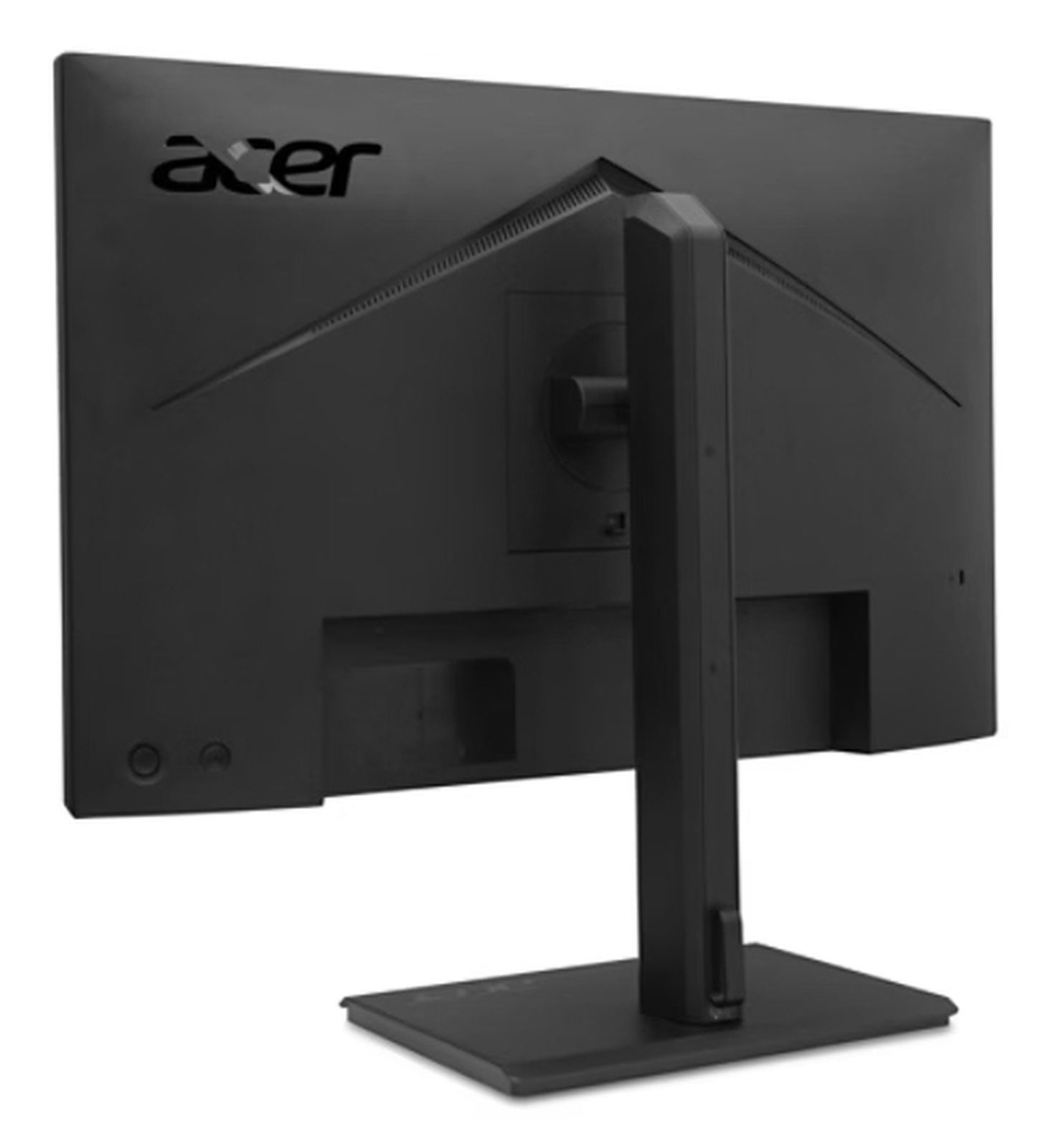 Czarny monitor Acer, widok z tyłu, ze stojakiem. Widoczne logo Acer. Monitor na białym tle.