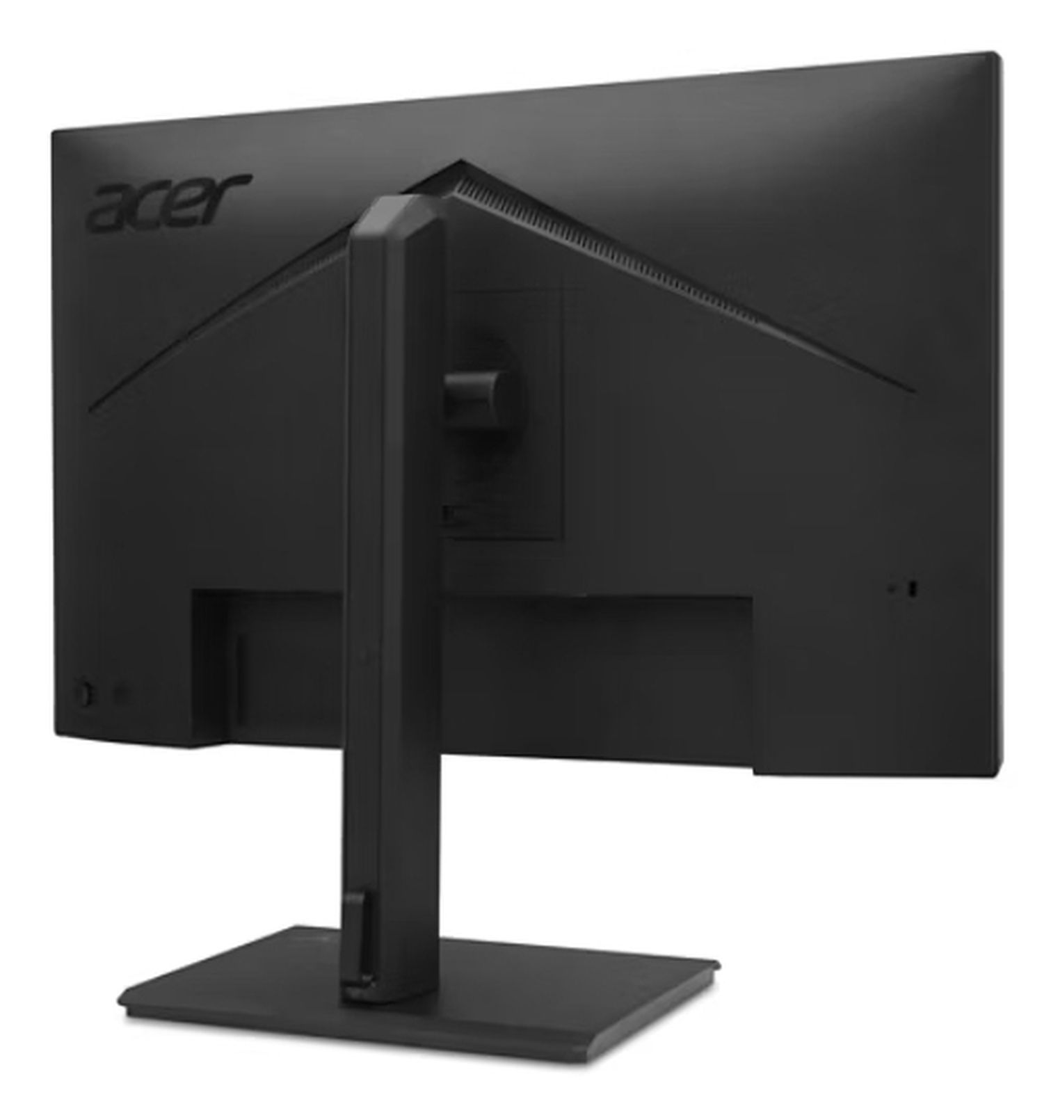 Widok z tyłu czarnego monitora Acer. Ma podstawę i płaską podstawę. Logo Acer jest widoczne na górze.