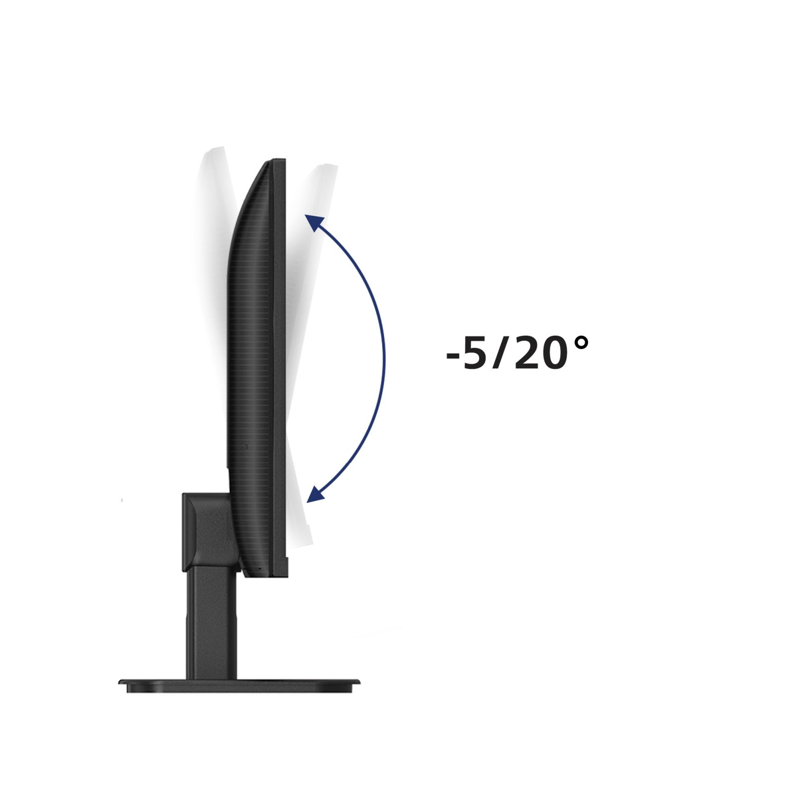 Czarny monitor komputera, pokazujący zakres pochylenia od -5 do 20 stopni na białym tle.