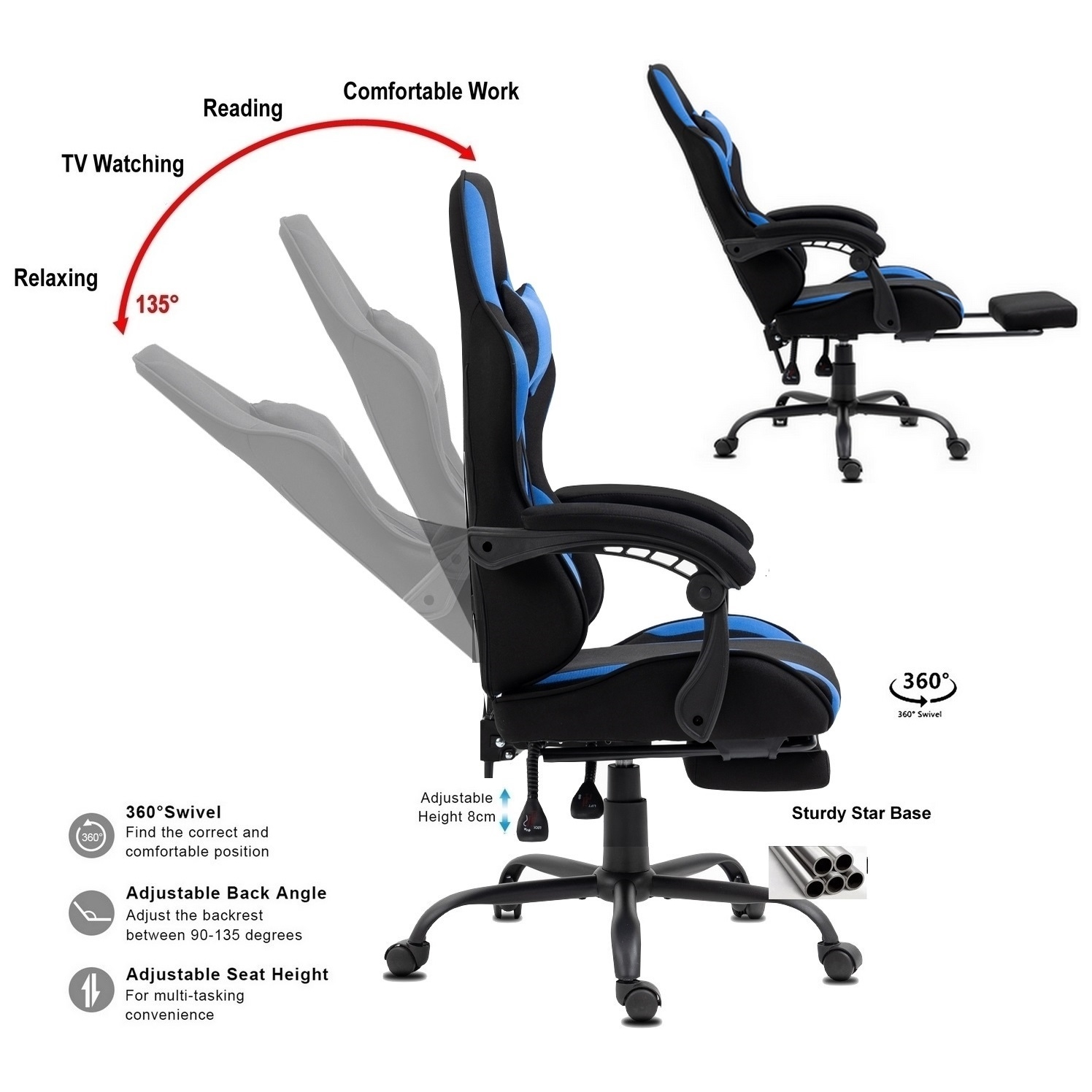Ein schwarz-blauer Gaming-Stuhl mit verstellbaren Funktionen. Diagramme zeigen Schwenk-, Rückenwinkel- und Höhenverstellungen sowie eine Fußstütze.
