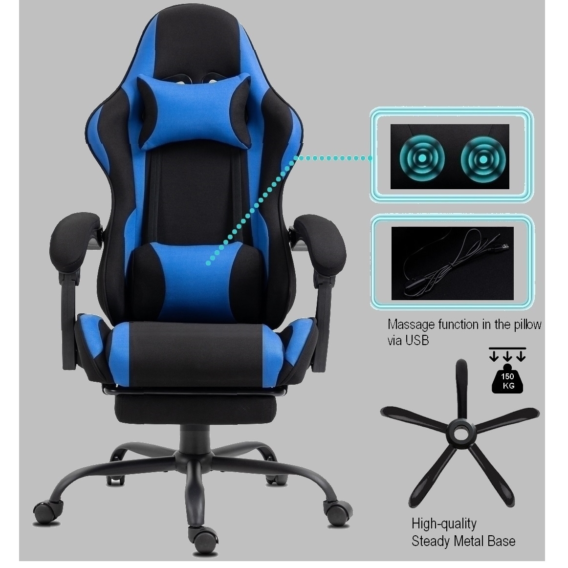 Gaming-Stuhl mit blauen und schwarzen Akzenten. Zu den Merkmalen gehören Massage über USB, ein stabiles Metallgestell und eine Tragfähigkeit von 150 kg.