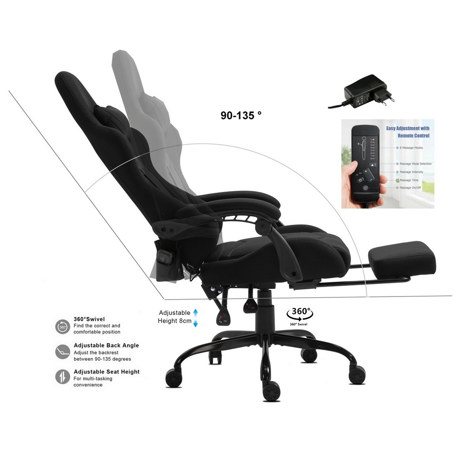 Ein schwarzer ergonomischer Stuhl mit Fußstütze. Merkmale umfassen verstellbaren Rückenwinkel, Höhe und Drehfunktion. Mit Fernbedienung.