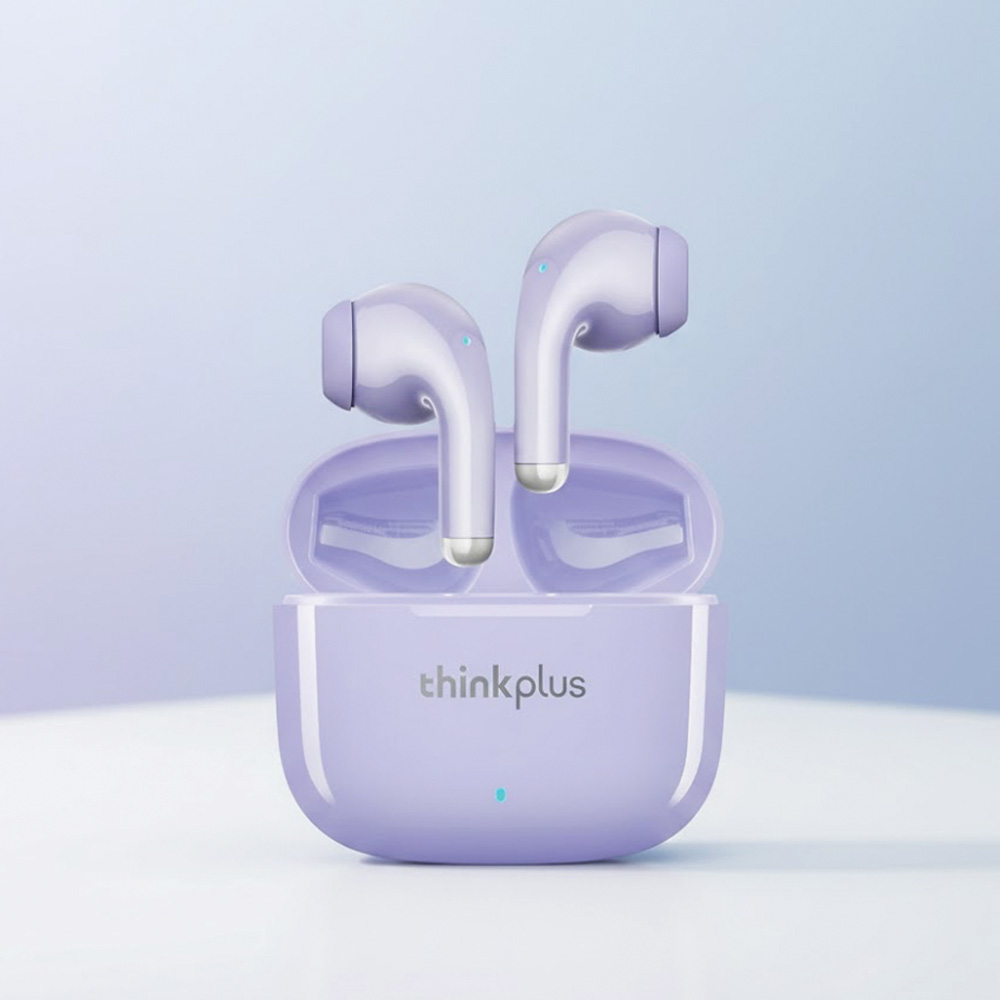 Mor kablosuz kulaklıklar ve kılıfı. Kılıf ve kulaklıklar mordur. Kılıfın üzerinde thinkplus yazmaktadır.